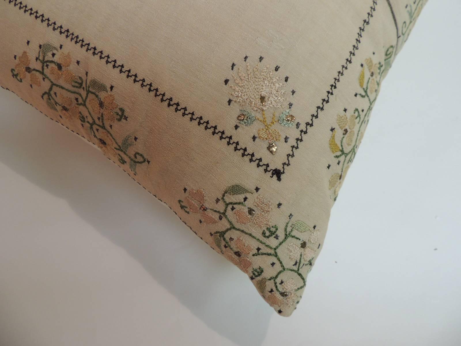 Moorish 19th Century Turkish Embroidered Linen Square Decorative Pillow
