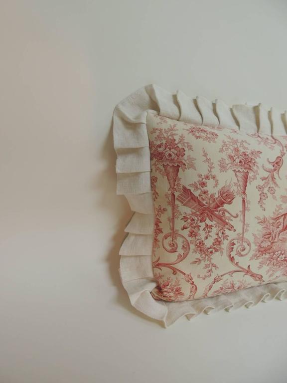 Antique French Provincial Toile Decorative Bolster Pillow with Ruffles For Sale at 1stdibs