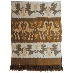 Vintage Woven Yellow and Natural Ikat Artisanal Textile Panel with Fringes