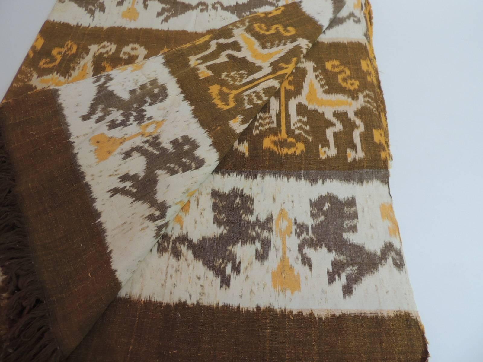 Tribal Vintage Woven Yellow and Natural Ikat Artisanal Textile Panel with Fringes