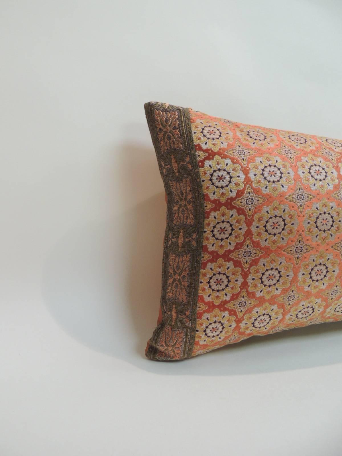 Vintage Asian Obi silk woven embroidery bolster decorative pillow
Vintage Japanese Obi sash floral pattern depicting flowers in full bloom decorate the front of the throw bolster pillow. Textile embellished with a burnt orange 19th century ornate