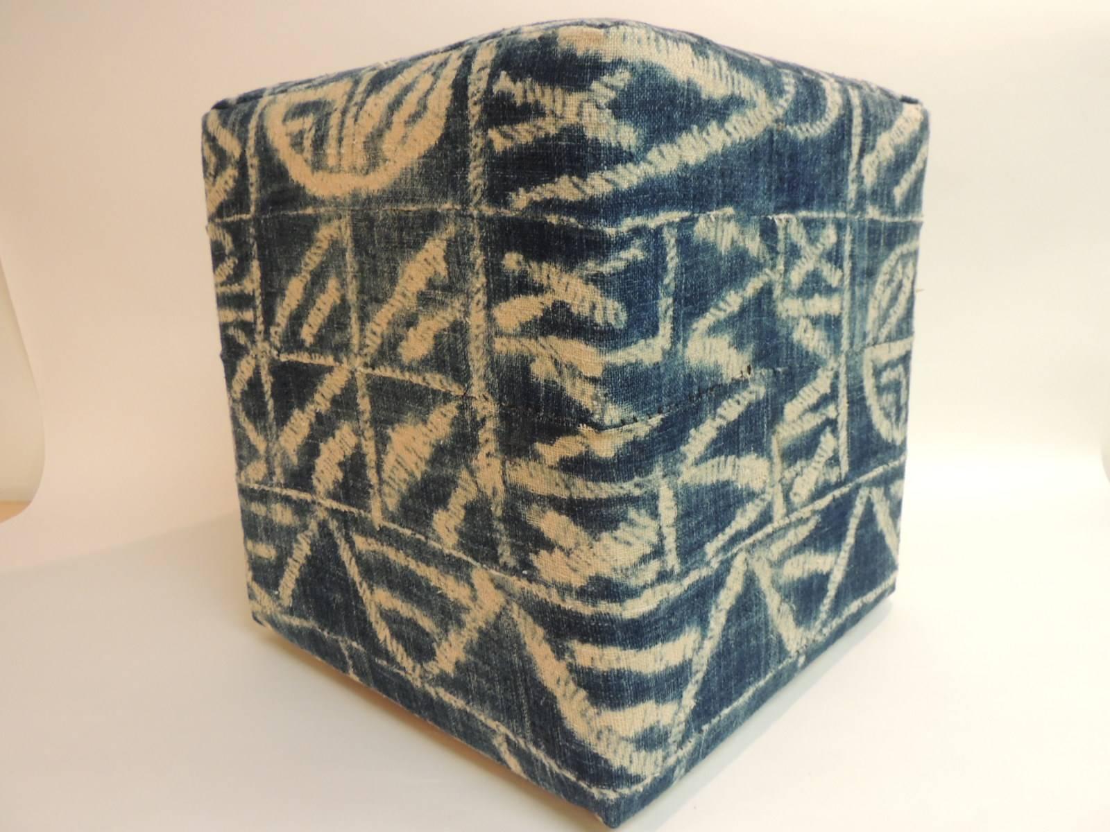 Tribal African Blue and Natural Vintage Ndop Textile Upholstered Square Ottoman