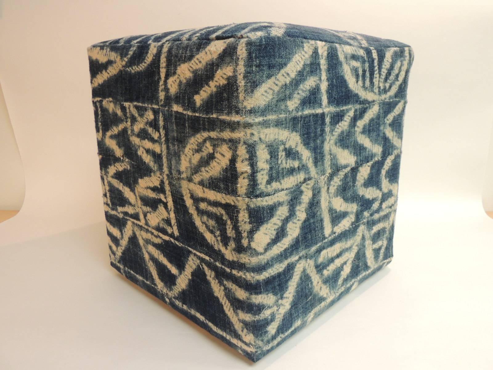 Hand-Crafted African Blue and Natural Vintage Ndop Textile Upholstered Square Ottoman