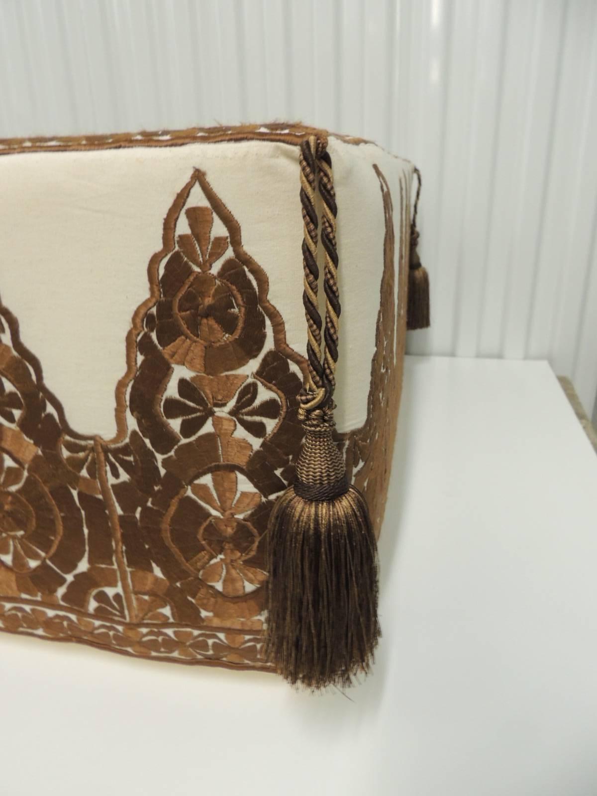 Modern Moroccan Brown Embroidered Square Ottoman with Tassels 1