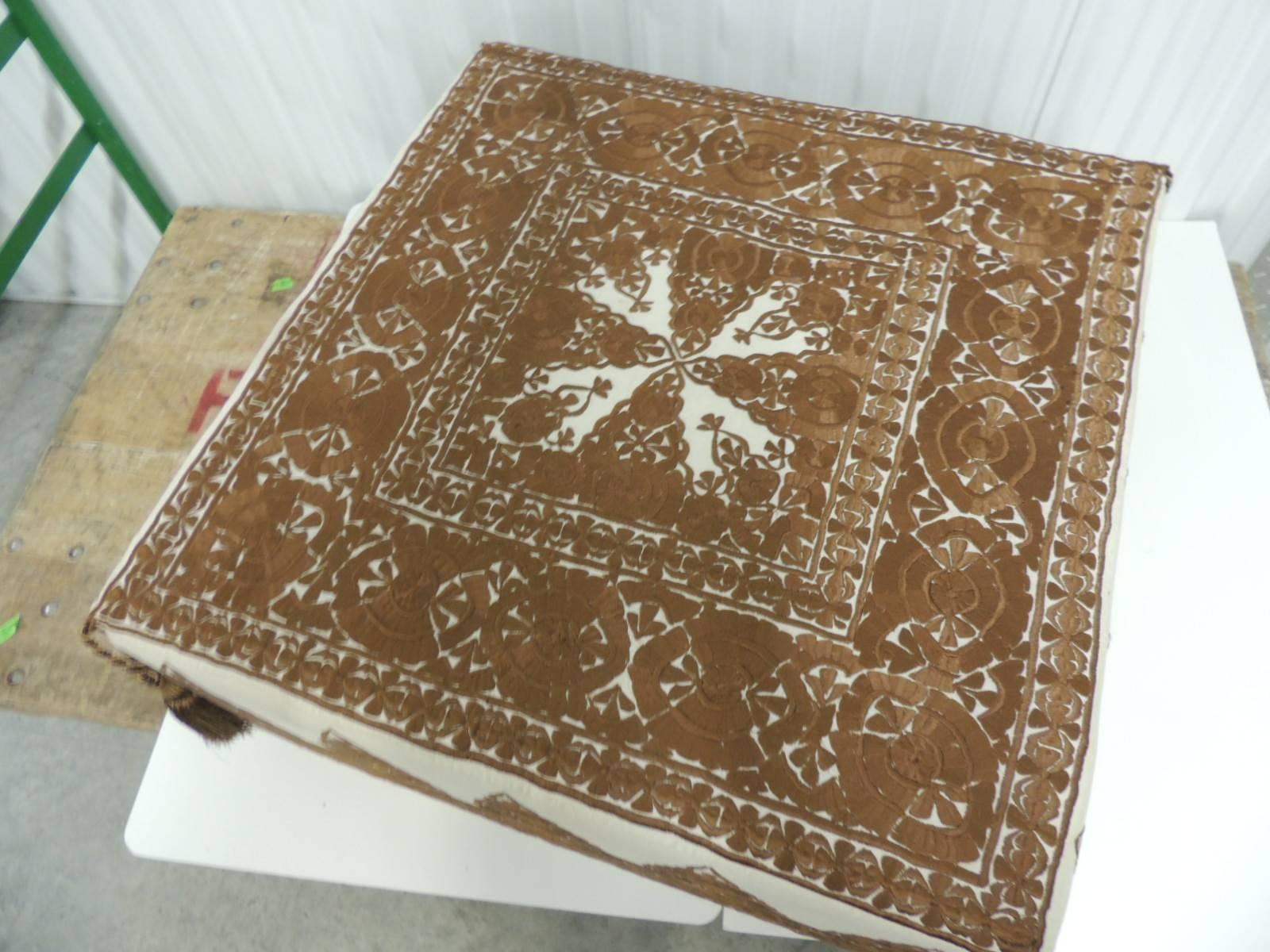 Modern Moroccan Brown Embroidered Square Ottoman with Tassels In Good Condition In Oakland Park, FL