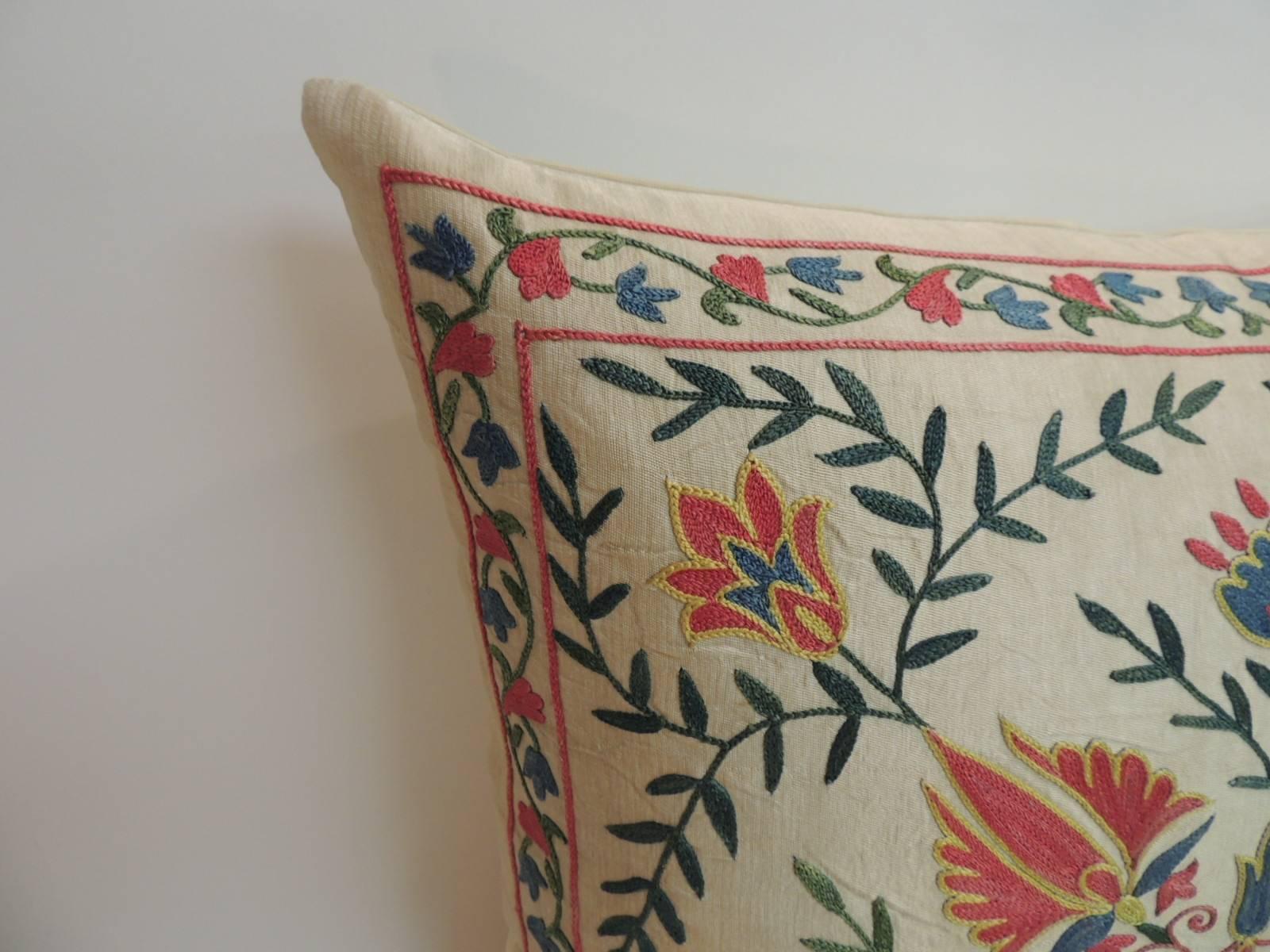 Antique Textiles Galleries:
Vintage floral motif Suzani silk on silk embroidered decorative square pillow. Throw pillow finished with a soft yellow linen backing. Accent Suzani vintage pillow textile in shades of yellow, sky blue, orange, red.