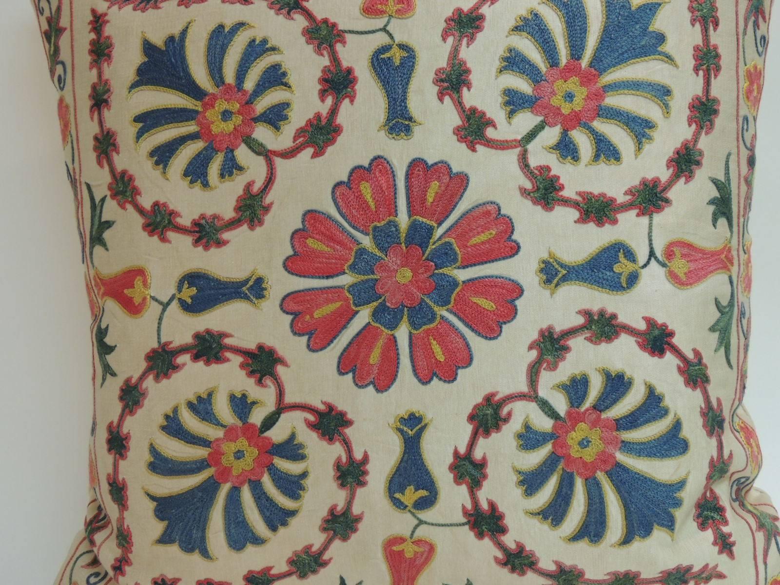 Uzbek Vintage Floral Motif Suzani Silk on Silk Embroidered Decorative Square Pillow