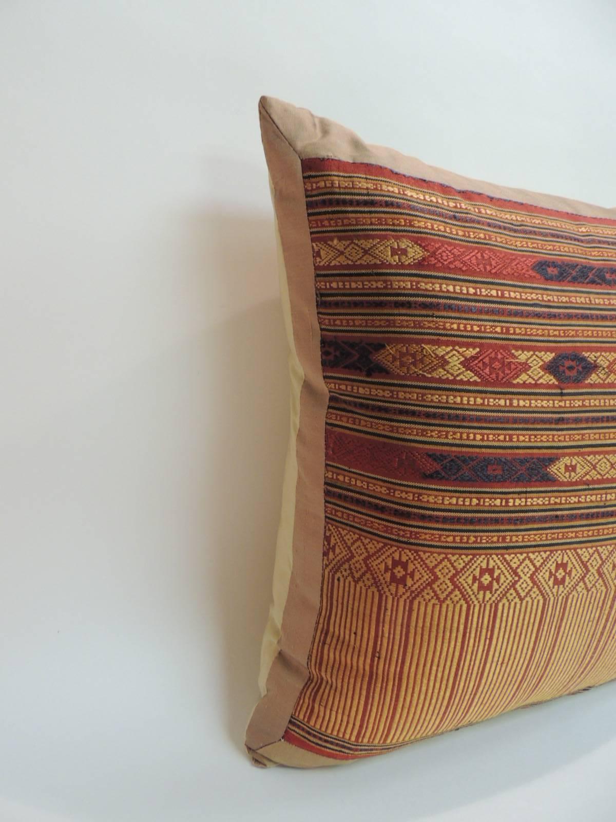 Antique Textiles Galleries:
Vintage silk floss embroidery decorative pillow from laos, with golden silk backing. In shades of red, yellow, gold.
Decorative pillow handcrafted and designed in the USA. Closure by stitch (no zipper closure) with