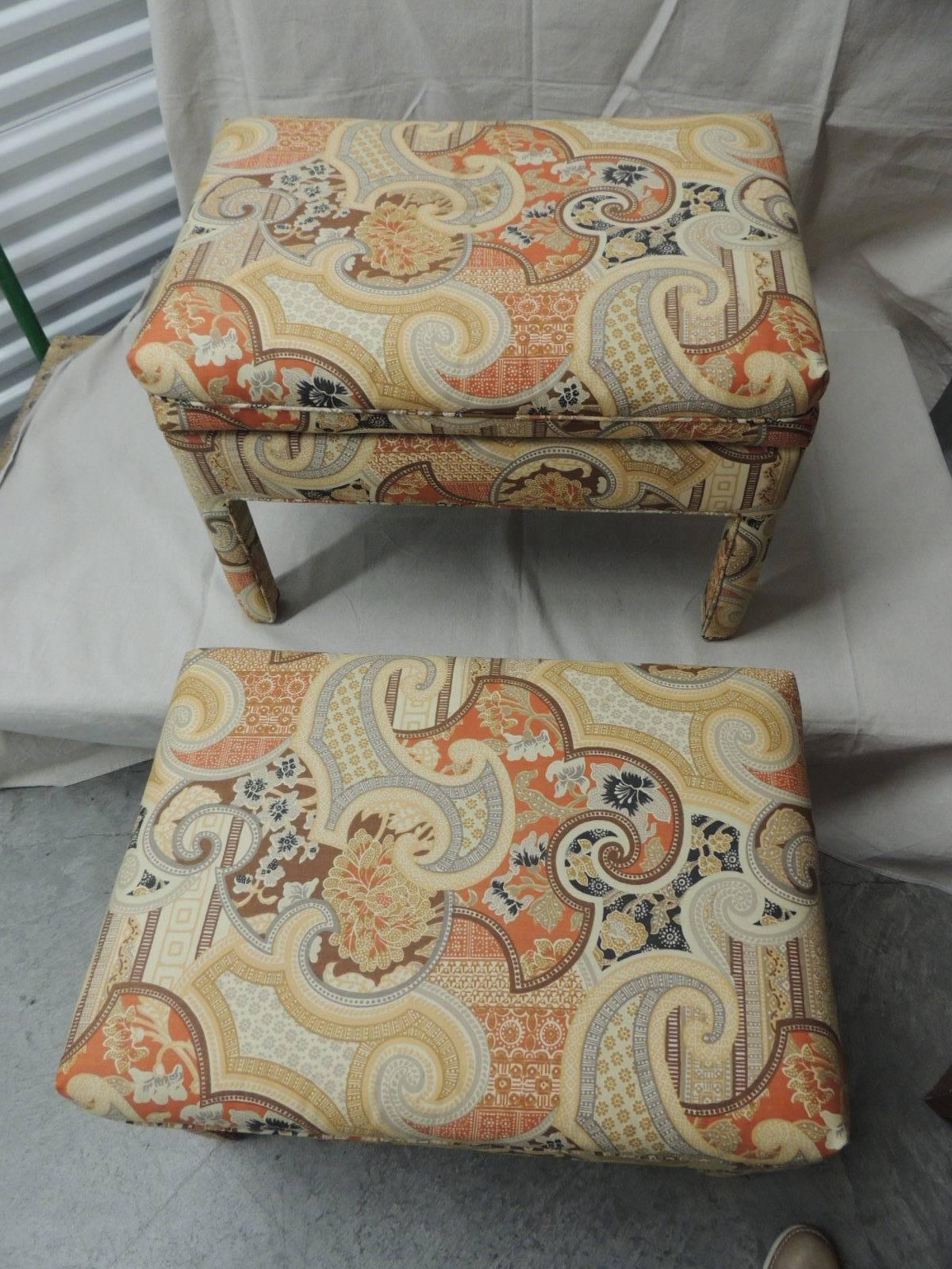 Hand-Crafted Vintage Rectangular Batik Paisley Fully Upholster Ottoman