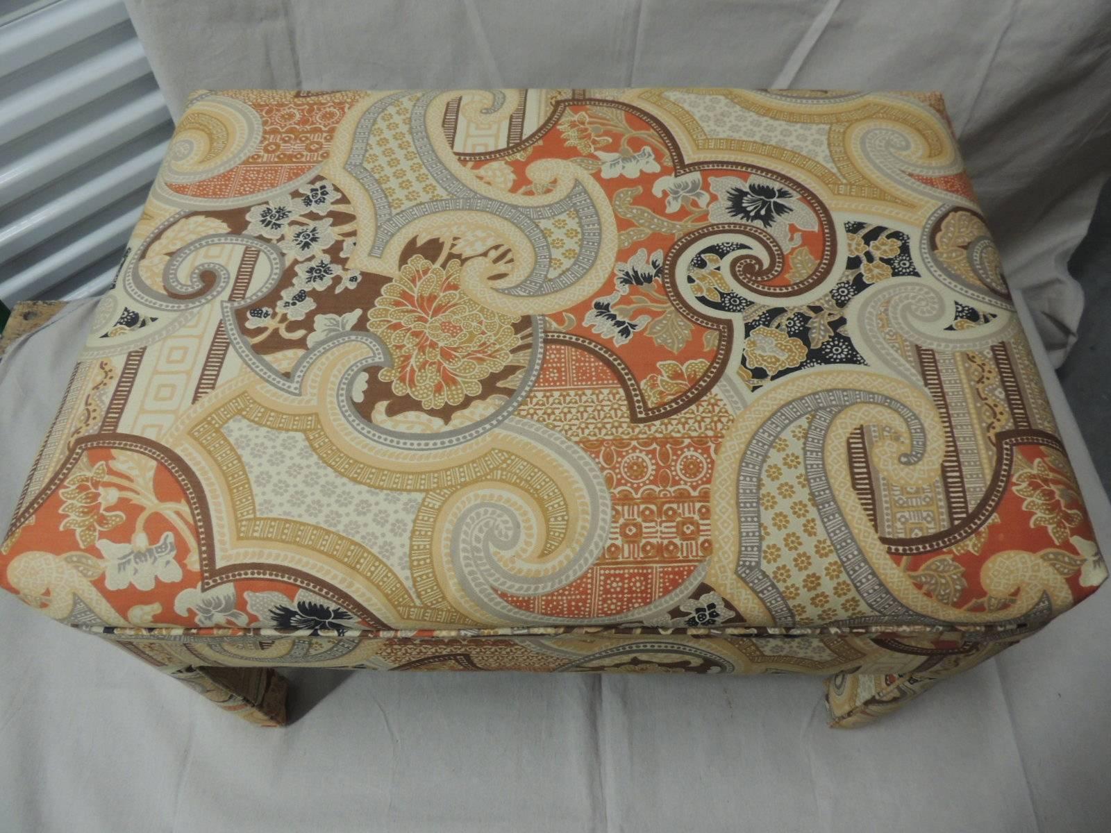Vintage rectangular batik paisley fully upholster ottoman or bench. Mid-Century Modern style stools. Self welt on cushions and around legs, Seat cushion is foam with small self welt around it, Another is available, see listing on our page. Frame is