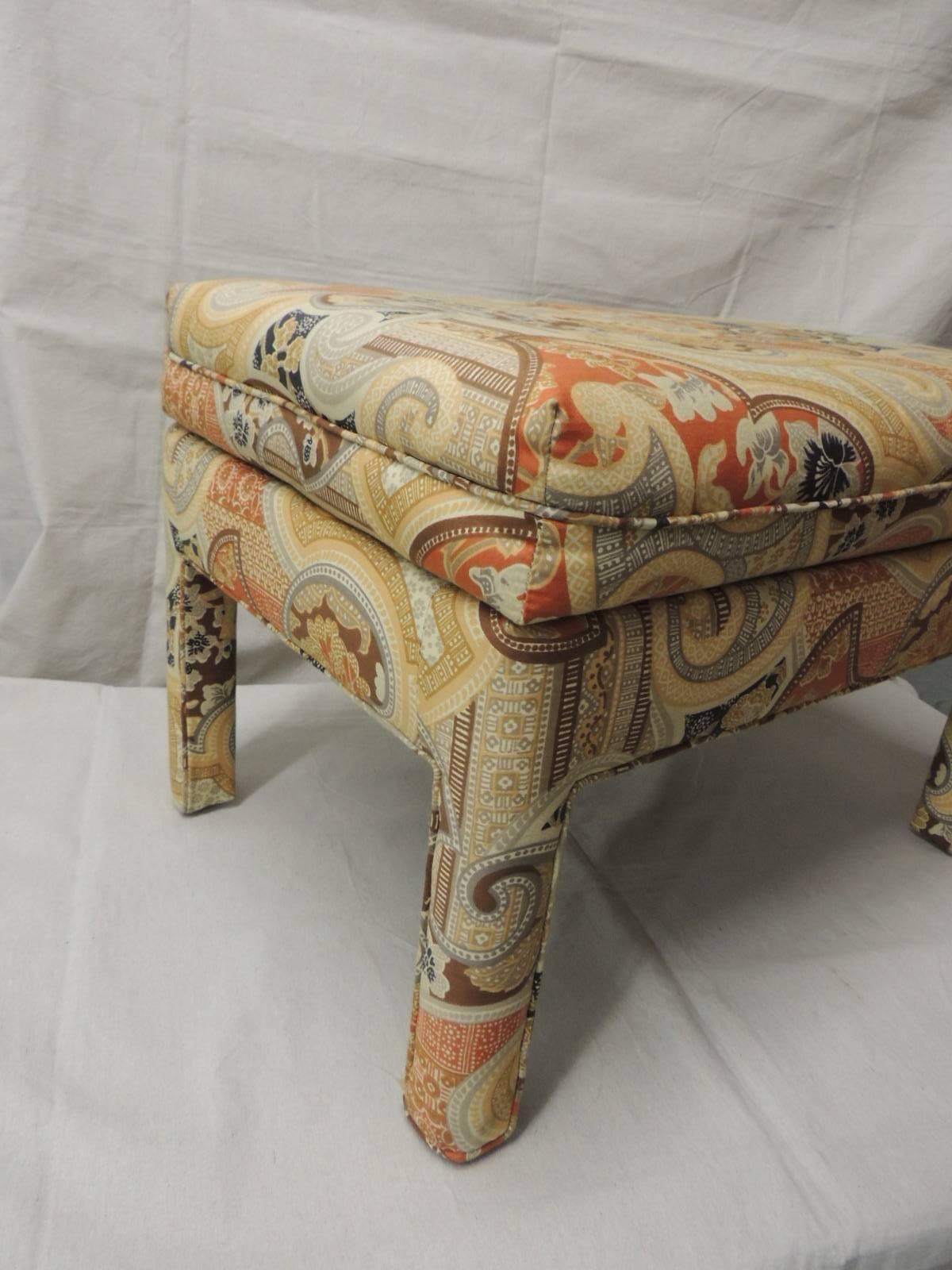 Vintage rectangular batik paisley fully upholster ottoman or bench. Mid-Century Modern style stools. Self welt on cushions and around legs, Seat cushion is foam with small seft welt around it, Another is available, see listing on our page. Frame is
