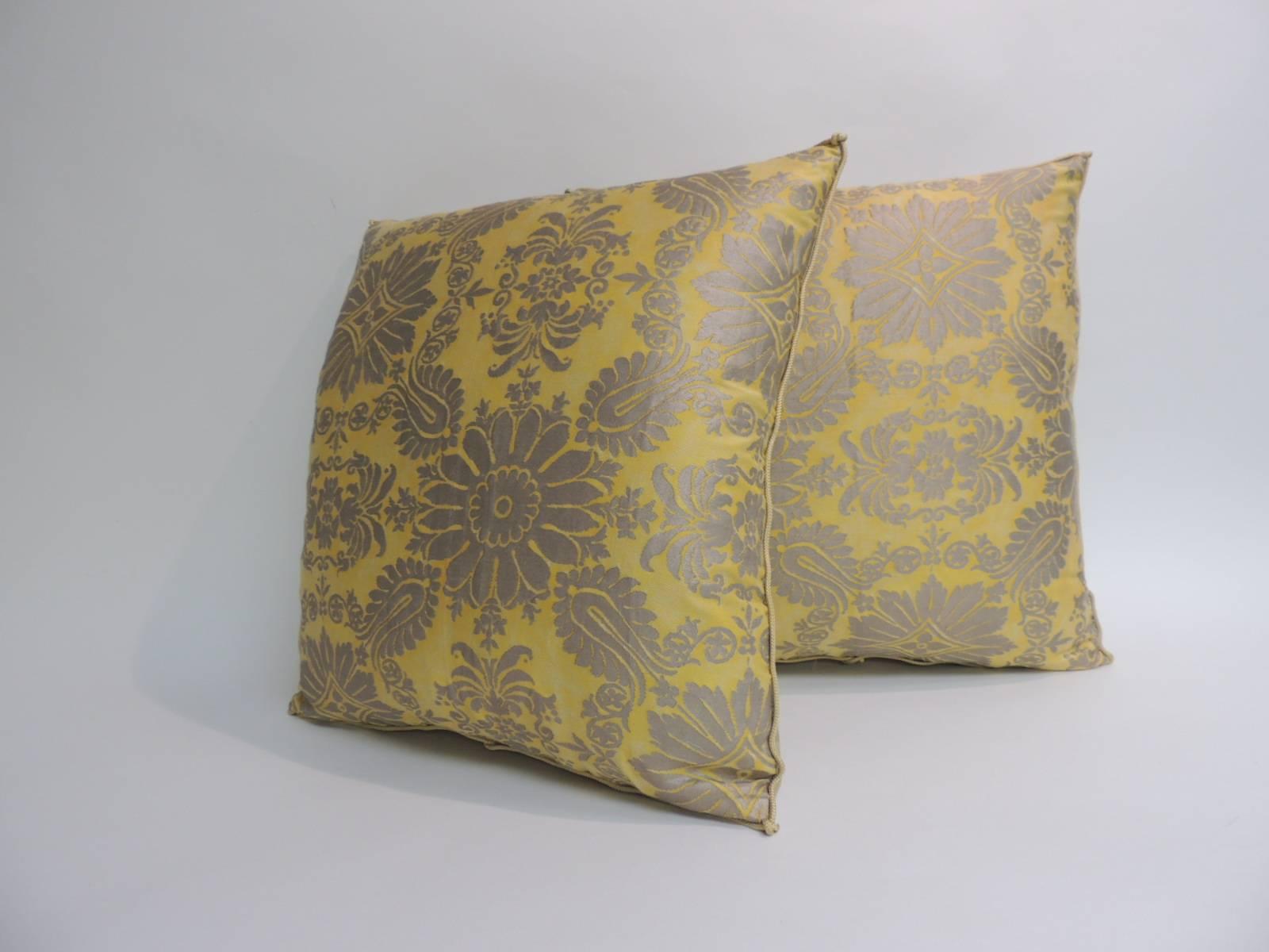Beaux Arts Pair of Vintage Yellow and Gold Floral Fortuny Decorative Pillows