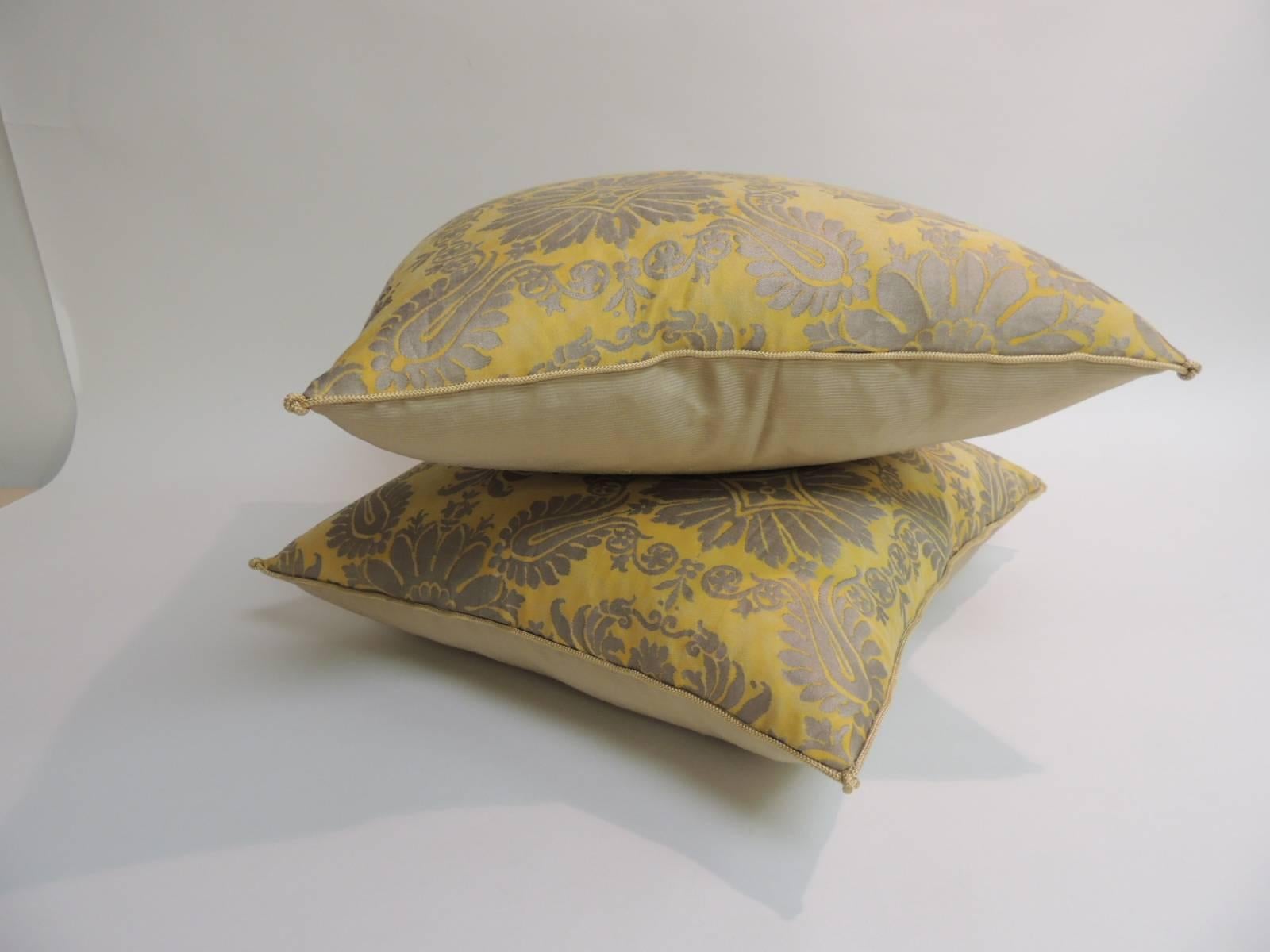 Hand-Crafted Pair of Vintage Yellow and Gold Floral Fortuny Decorative Pillows