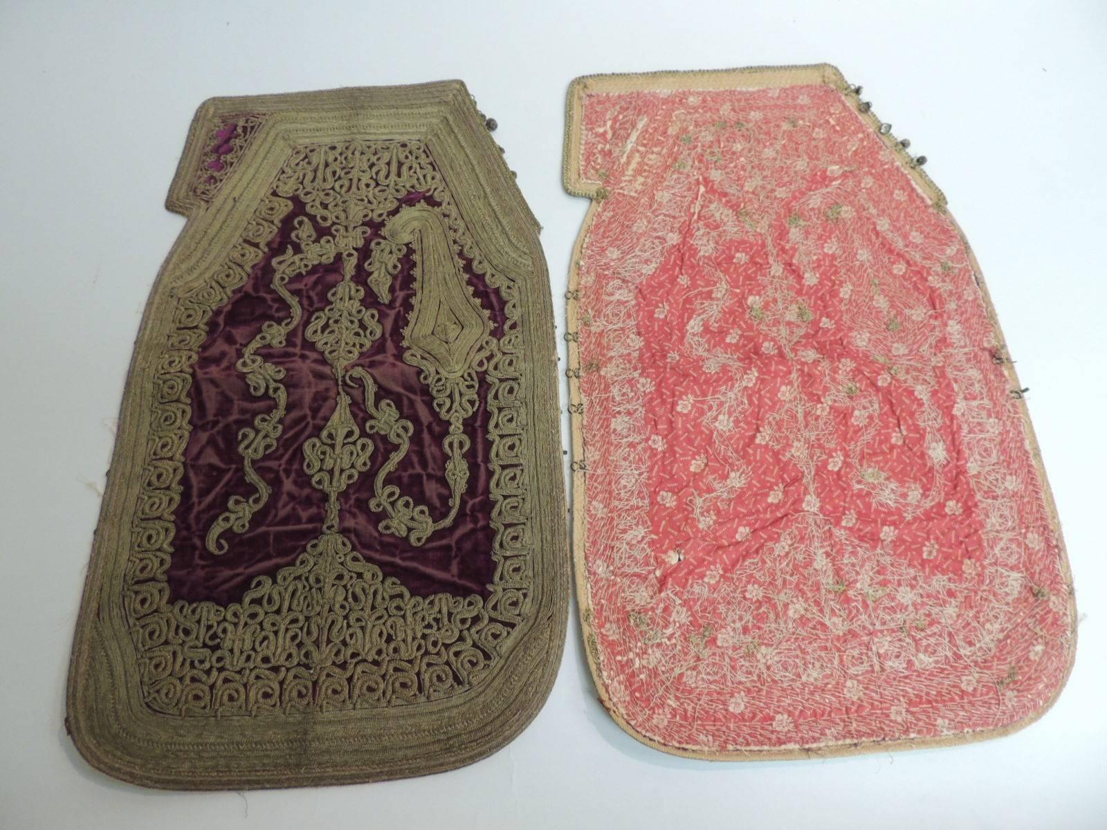 Moorish 18th Century Persian Embroidered Metallic Threads on Silk Velvet Vest Panels