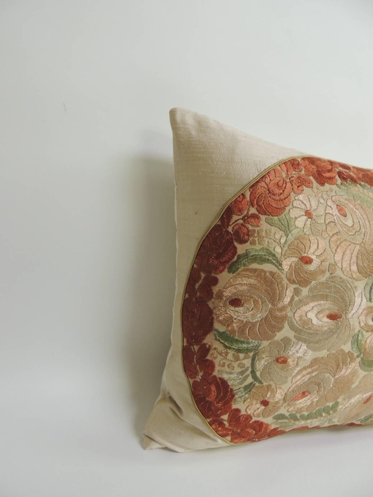 19th century Russian Embroidery floral decorative pillow. Floral silk on silk embroidery framed with golden raw silk and silk cording around the embroidery. Golden silk backing.
Decorative pillow handcrafted and designed in the USA. Closure by