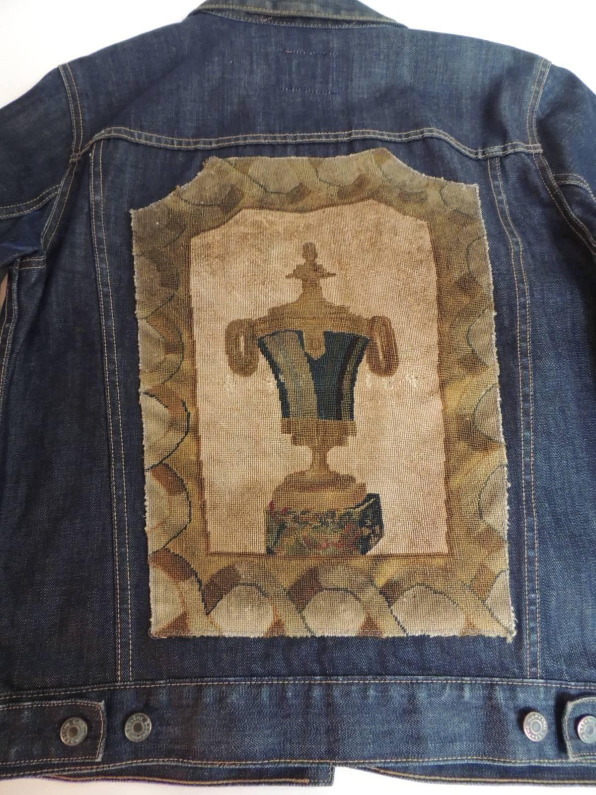 Antique Textiles Galleries:
A.T.G. custom Denim jacket with a 19th century inset Aubusson tapestry panel
Hand-stitched by the Atelier Lam workroom the back of this vintage gap denim jacket is embellished with a unique fragment of a 19th century