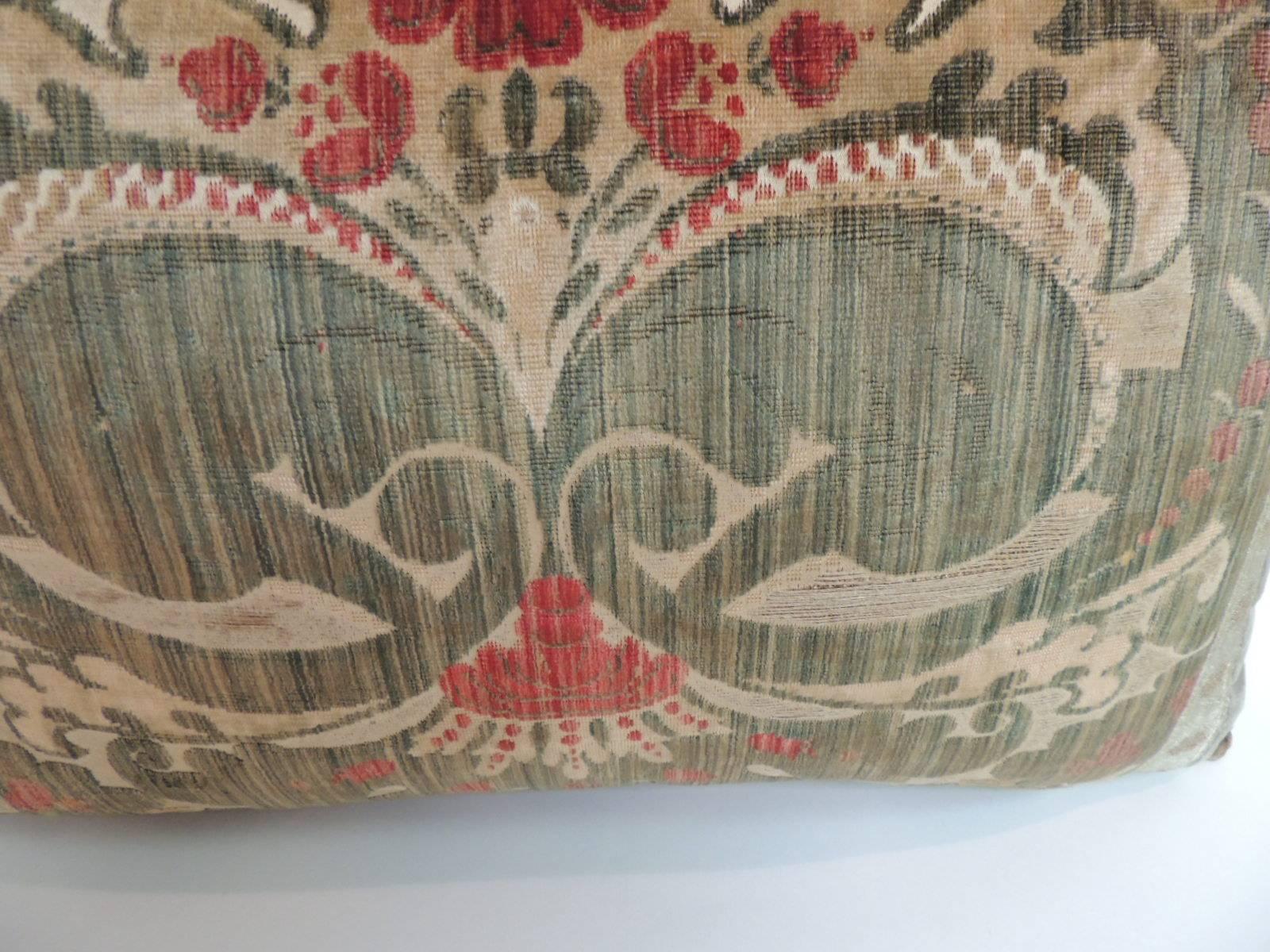 Baroque 18th Century Green Silk Velvet Damask Pattern Bolster Decorative Pillow