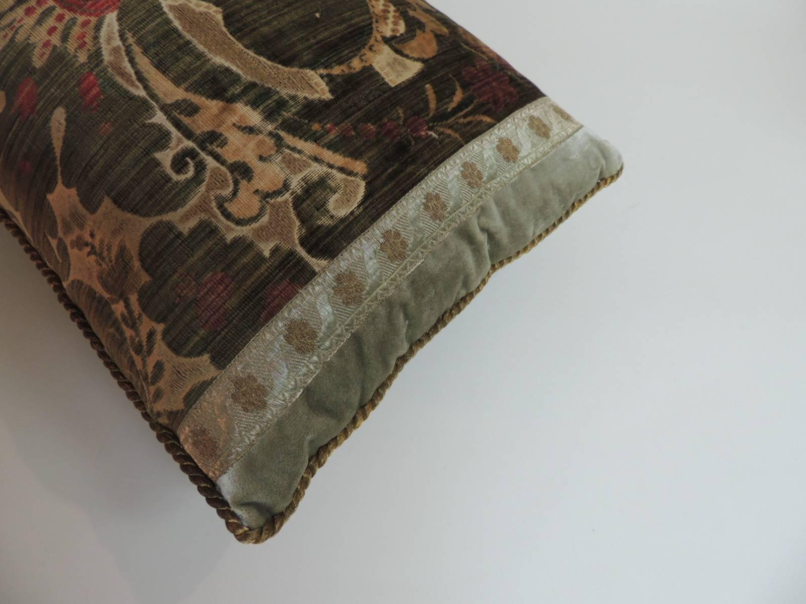 French 18th Century Green Silk Velvet Damask Pattern Bolster Decorative Pillow