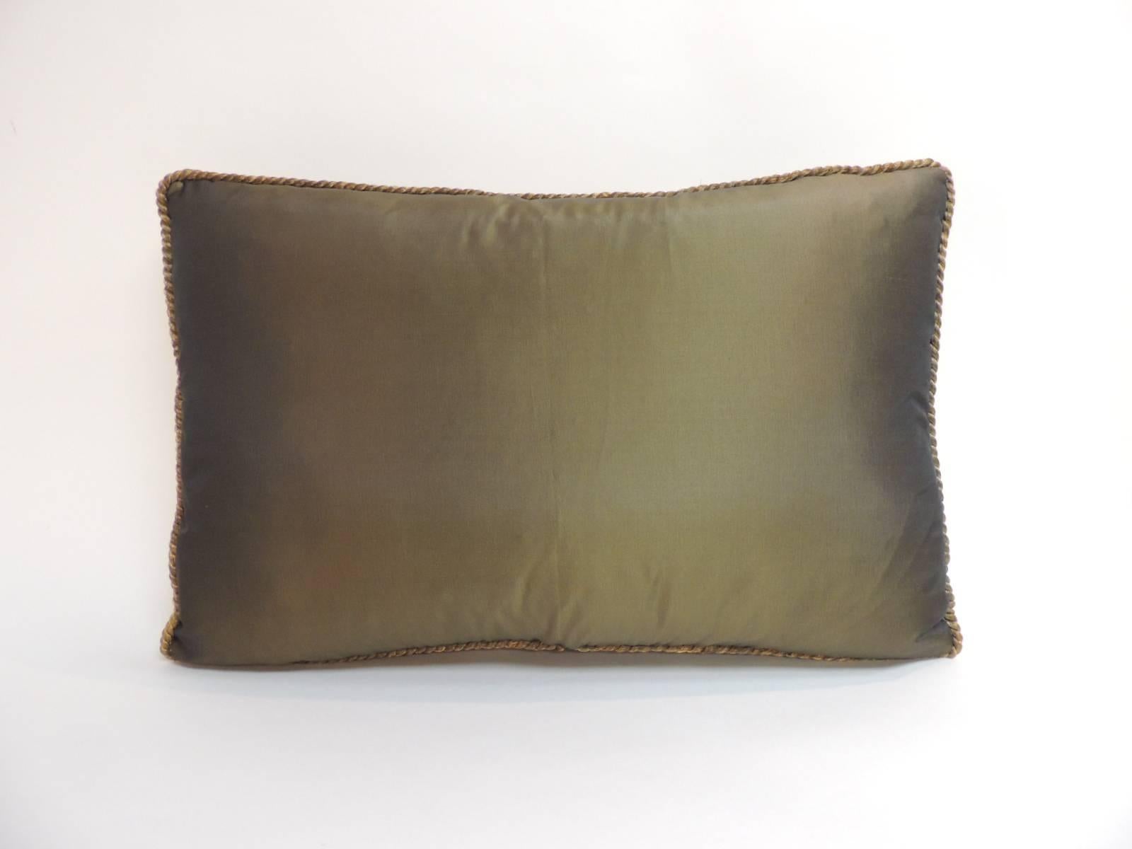 Hand-Crafted 18th Century Green Silk Velvet Damask Pattern Bolster Decorative Pillow