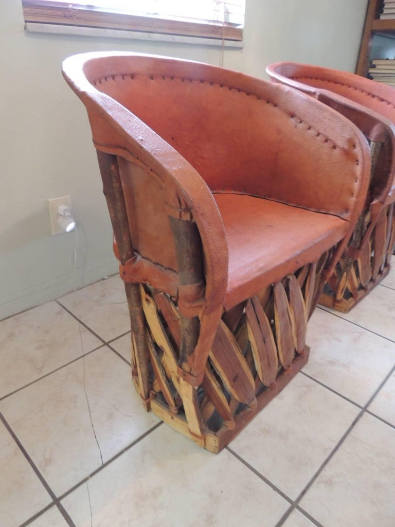 Set of Two Mexican Equipale Wood and Leather Chairs For Sale at 1stdibs