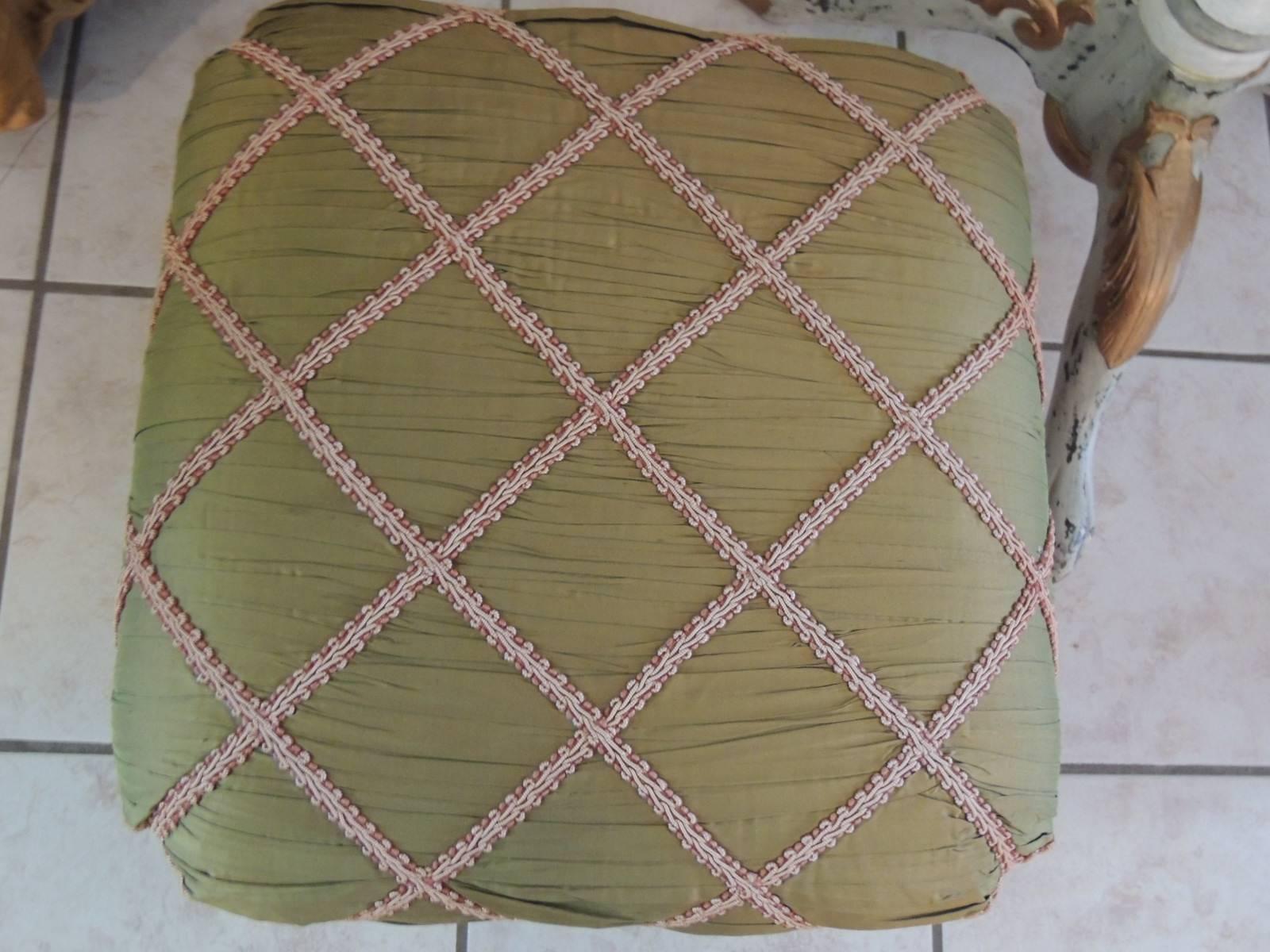Antique Textiles Galleries:
Pair of vintage fringe ottomans with long tassels and trims
Handcrafted silk fabric with lots of trims and traditional details
Square base with rounded plush top seat. In shades of red, pink, green, burgundy, purple and