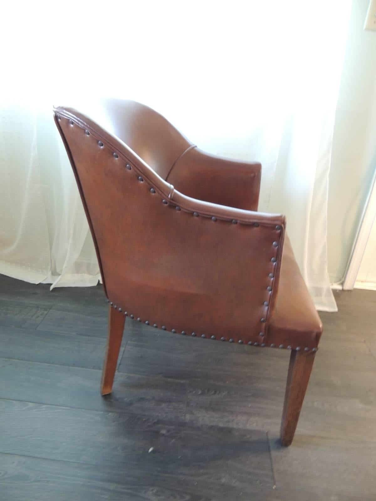 Art Deco Antique French Leather Armchair with Wood Square Legs