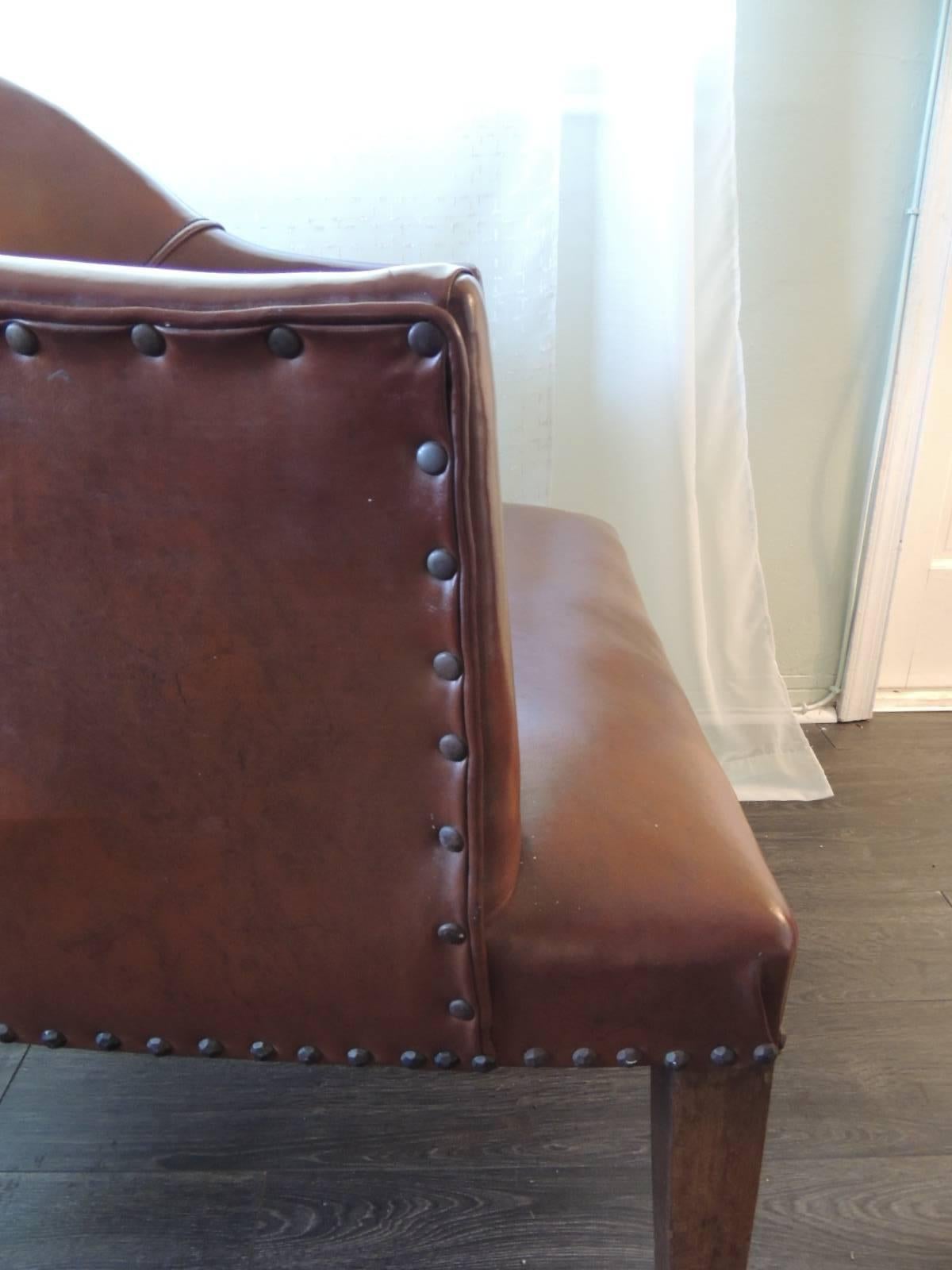 Hand-Crafted Antique French Leather Armchair with Wood Square Legs