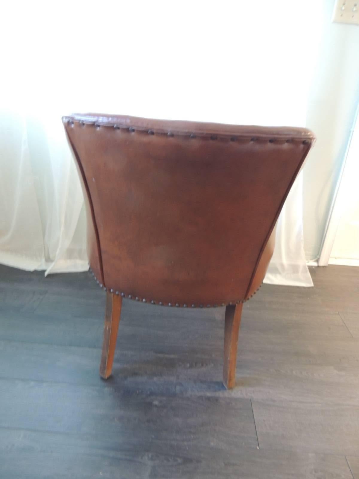 19th Century Antique French Leather Armchair with Wood Square Legs