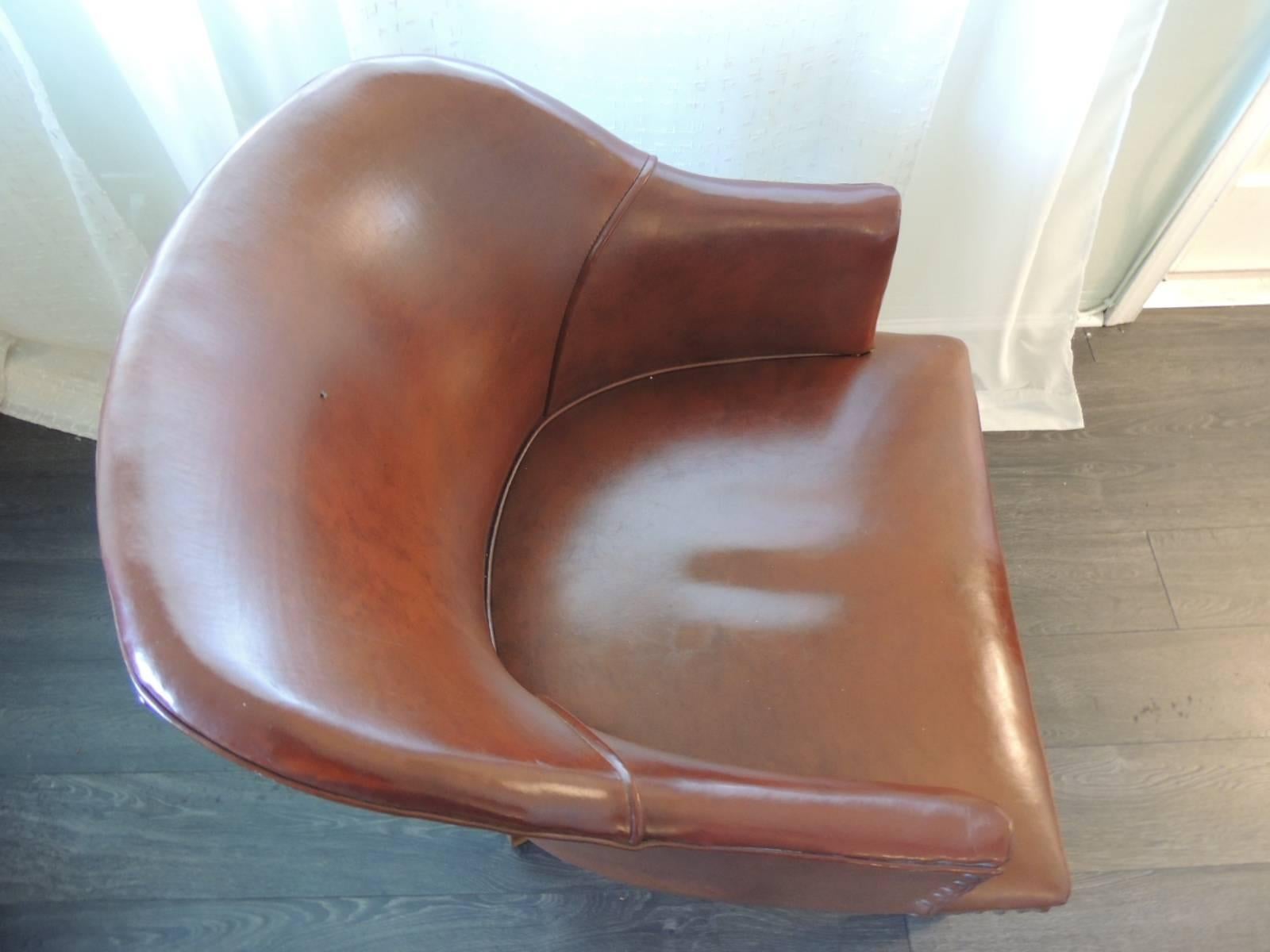 Antique French Leather Armchair with Wood Square Legs In Excellent Condition In Oakland Park, FL