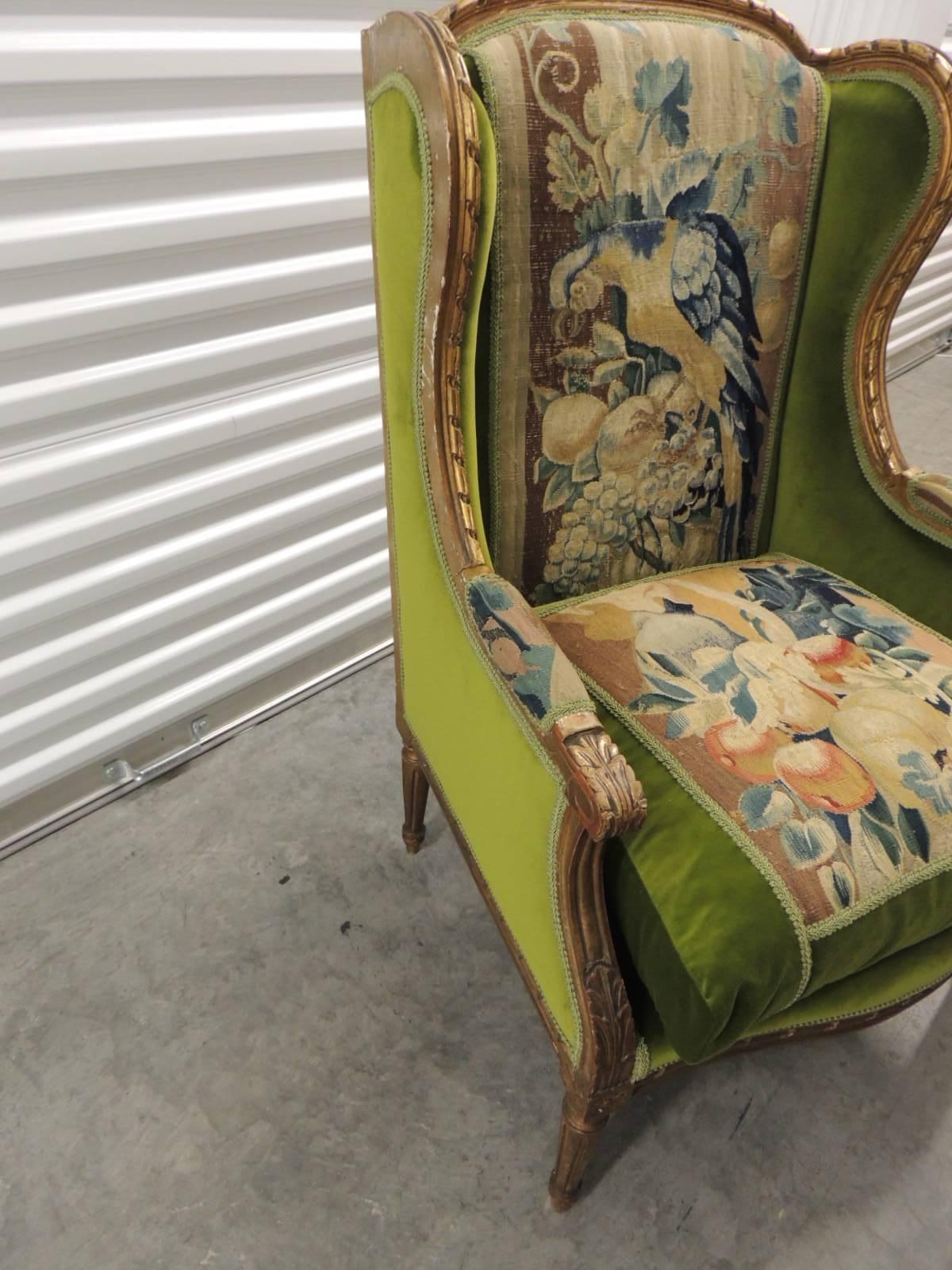 19th Century Aubusson Tapestry Upholstered French Wing Chair In Excellent Condition In Oakland Park, FL