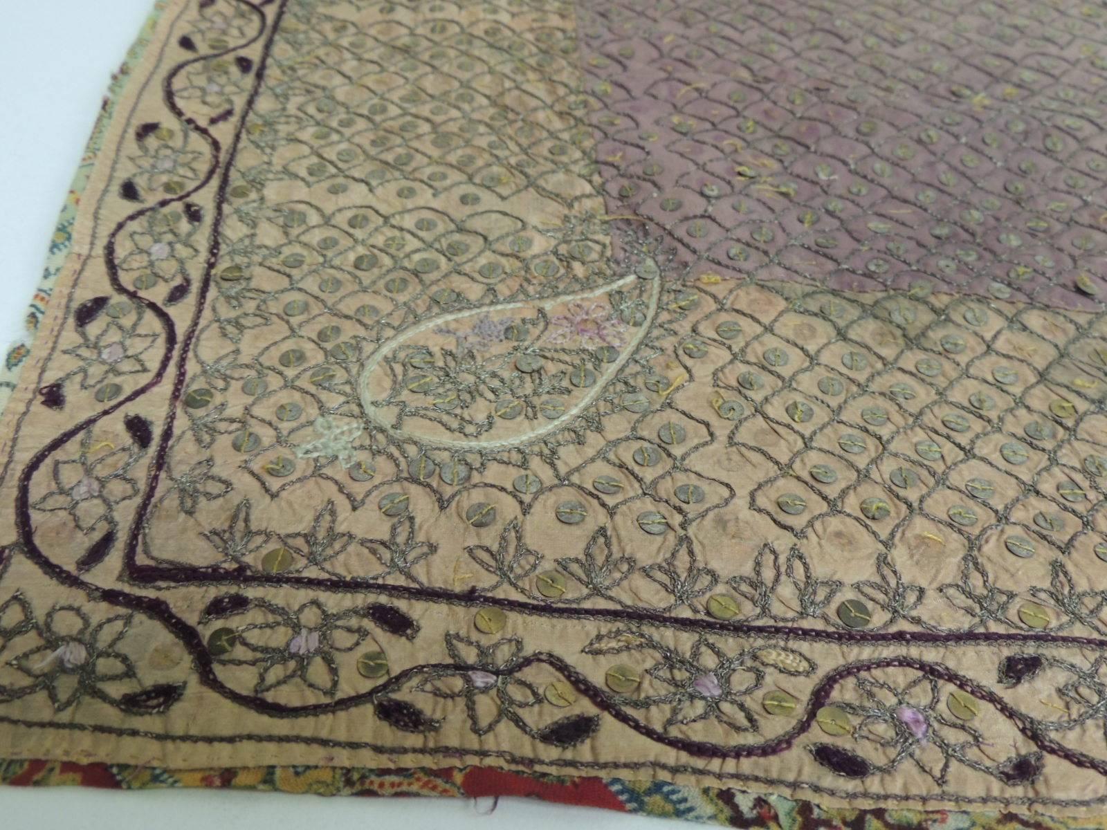 Anglo Raj Antique Purple and Gold Indian Embroidery Textile with Brass Sequins Details