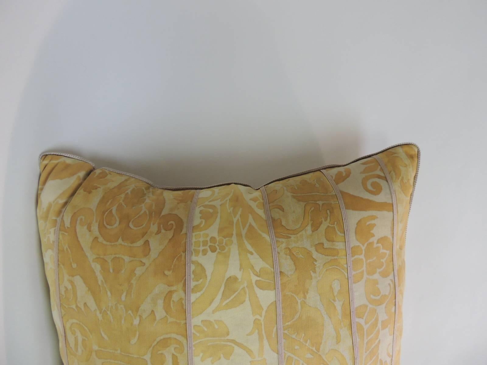 Antique Textiles Galleries:
Vintage yellow Fortuny Uccelli pattern decorative square pillow.
Vintage Uccelli Fortuny pattern decorative pillow hand-stitched patchwork style with decorative silk trims at the seams. Rope trim all around. Decorative