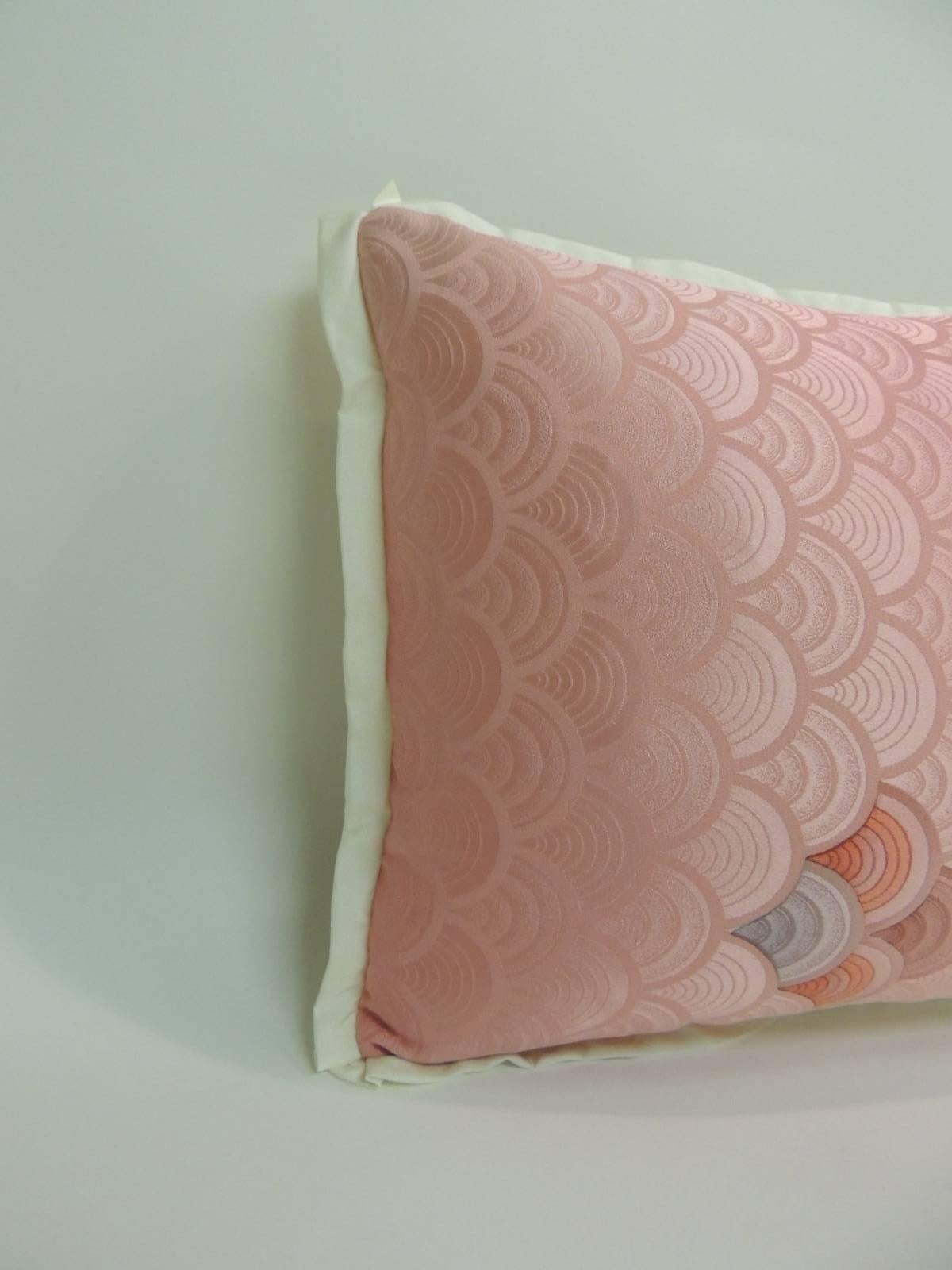 Vintage pink and natural petite silk Obi decorative pillow embellished with custom flat A.T.G. silk trim all around and finished with natural silk backing. Decorative pillow handcrafted and designed in the USA. Custom-made pillow insert.