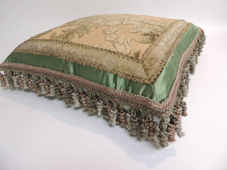 19th Century Green and Gold Silk Velvet Decorative Pillow with Tassels