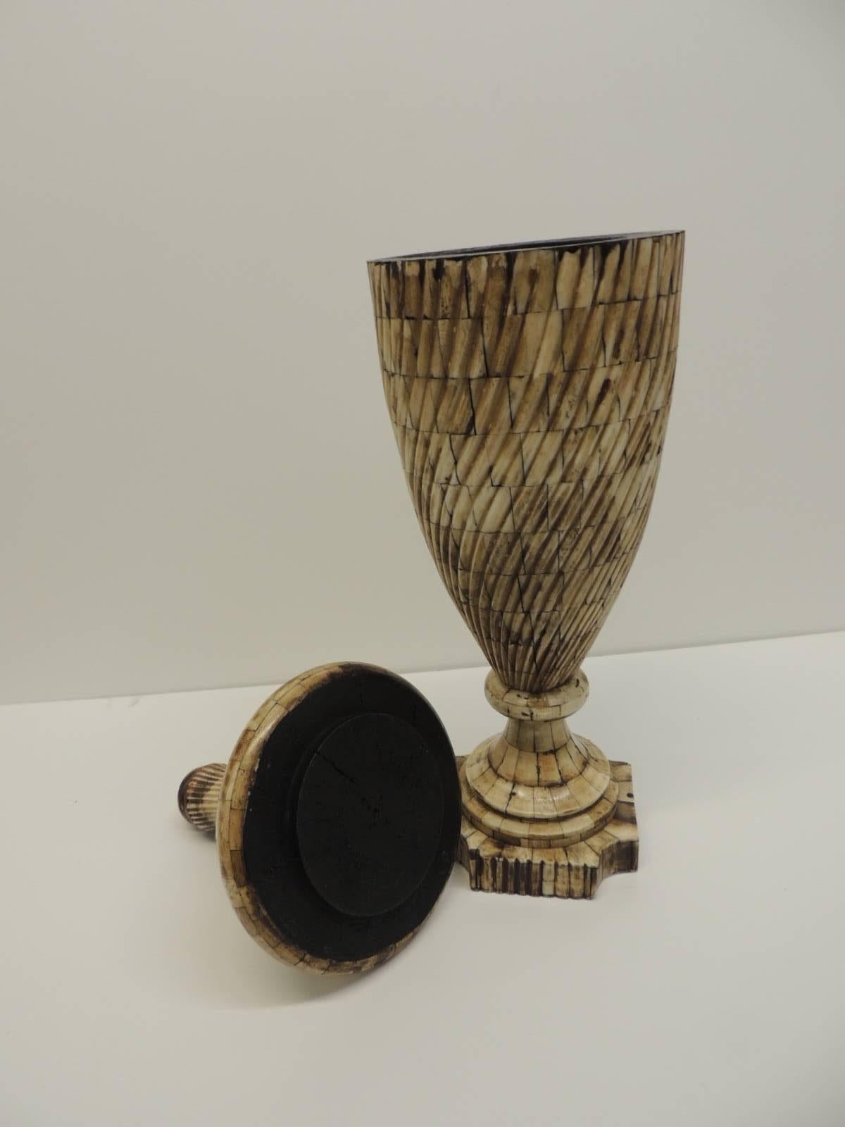 Hand-Crafted Vintage Indian Camel Bone Inlaid Tall Urn