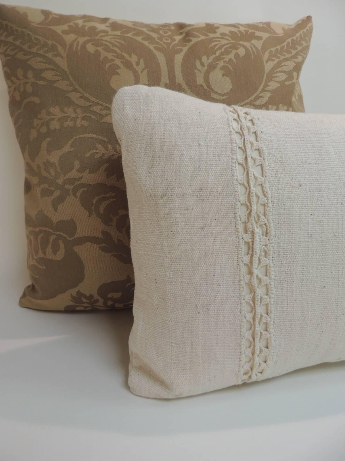 Antique Textiles Galleries:
Antique French linen Lumbar decorative pillow
19th century French linen lumbar decorative pillow. Decorative antique textile with eyelet pattern in the front. French linen textile accent pillow finished with natural linen