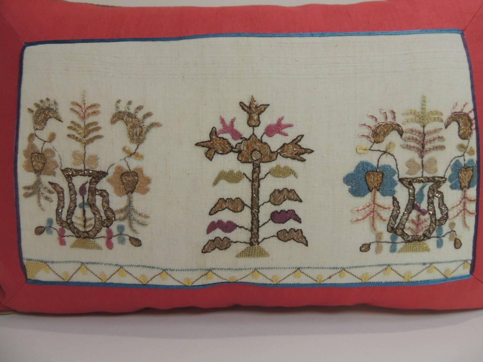 Anglo Raj 19th Century Turkish Embroidered Linen and Silk Lumbar Decorative Pillow