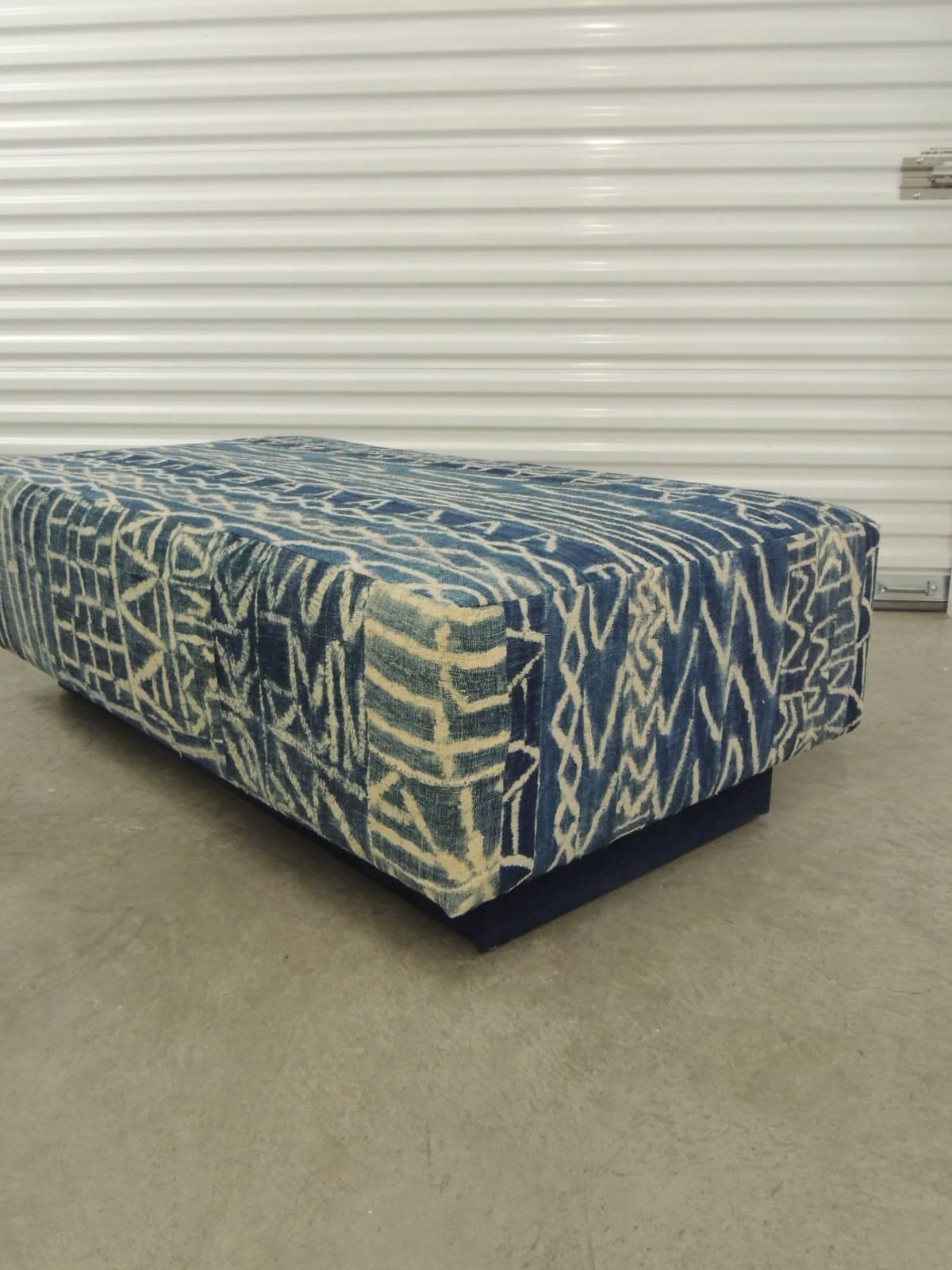 Tribal  Large African Blue and Natural Ndop Textile Upholstered Ottoman