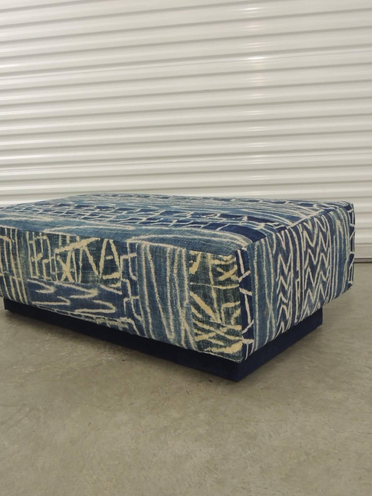 19th Century  Large African Blue and Natural Ndop Textile Upholstered Ottoman