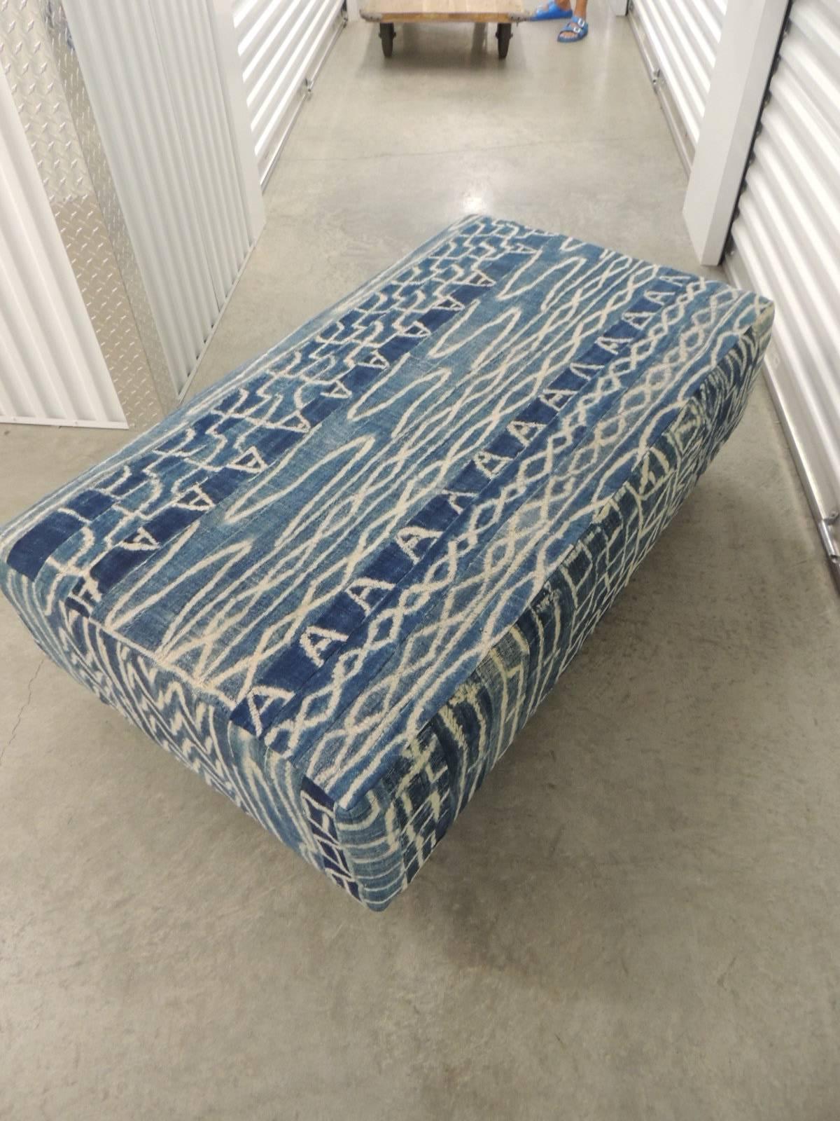 Cotton  Large African Blue and Natural Ndop Textile Upholstered Ottoman