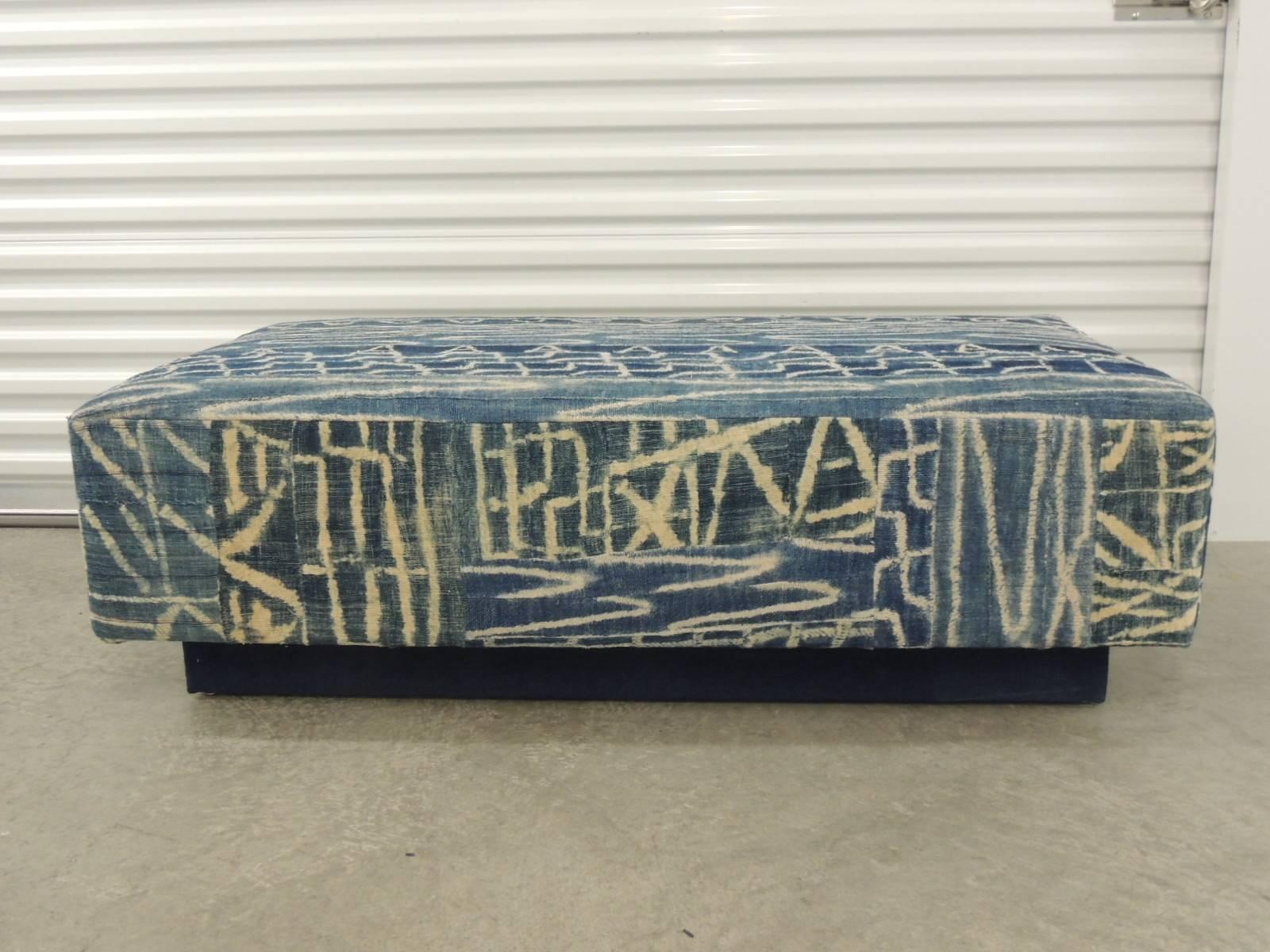 Hand-Crafted  Large African Blue and Natural Ndop Textile Upholstered Ottoman