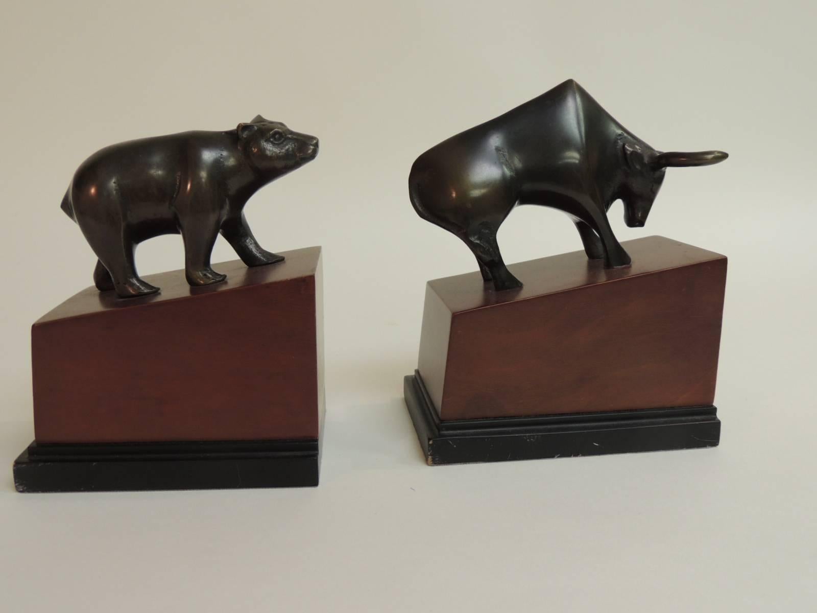 Art Deco Pair of Vintage Bull and Bear Bookends Crafted in Bronze-Mounted on Wood Bases
