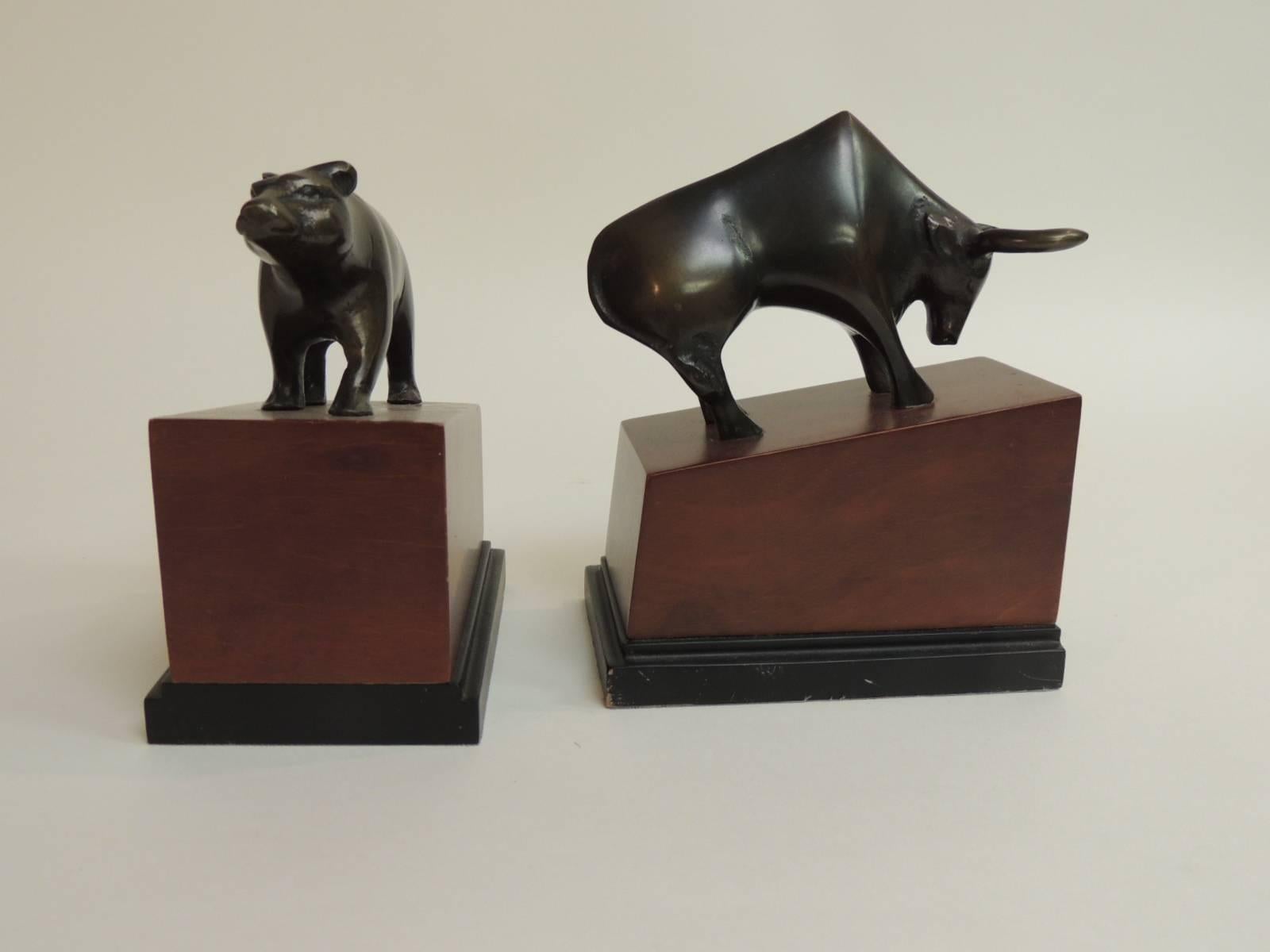 Italian Pair of Vintage Bull and Bear Bookends Crafted in Bronze-Mounted on Wood Bases