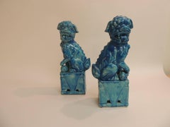 CLOSE OUT SALE: Pair of Vintage Ceramic Turquoise Foo Dog on Stand