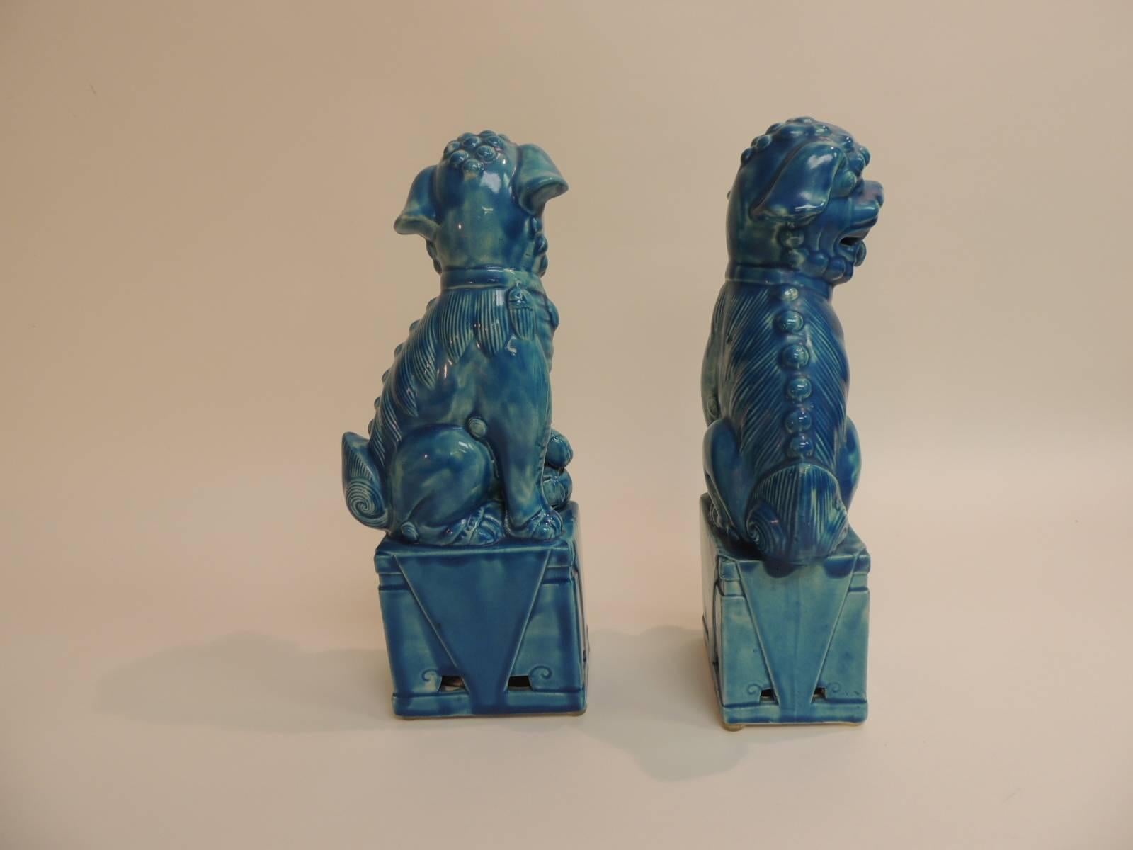 Japonisme CLOSE OUT SALE: Pair of Vintage Ceramic Turquoise Foo Dog on Stand