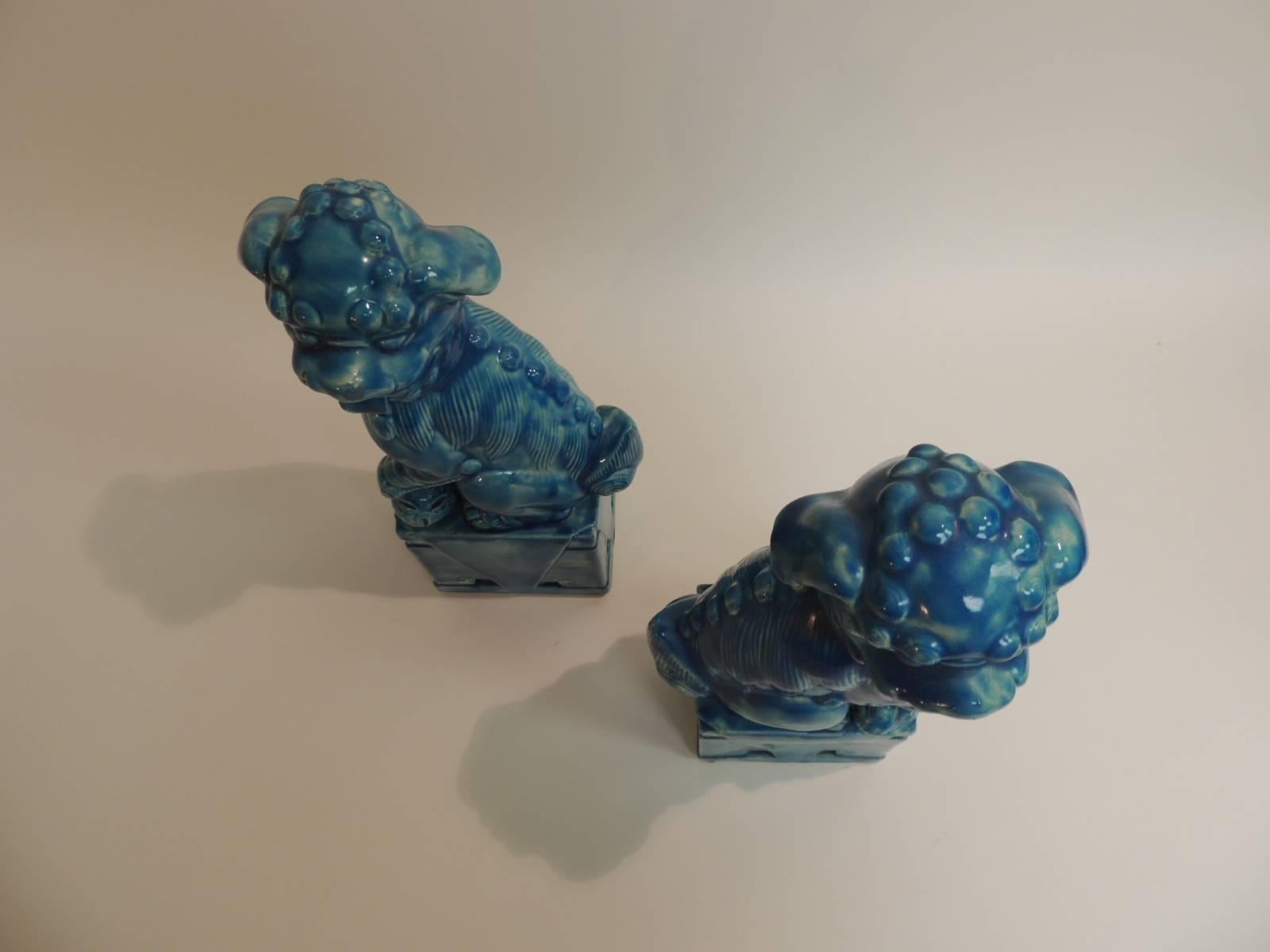 Japanese CLOSE OUT SALE: Pair of Vintage Ceramic Turquoise Foo Dog on Stand