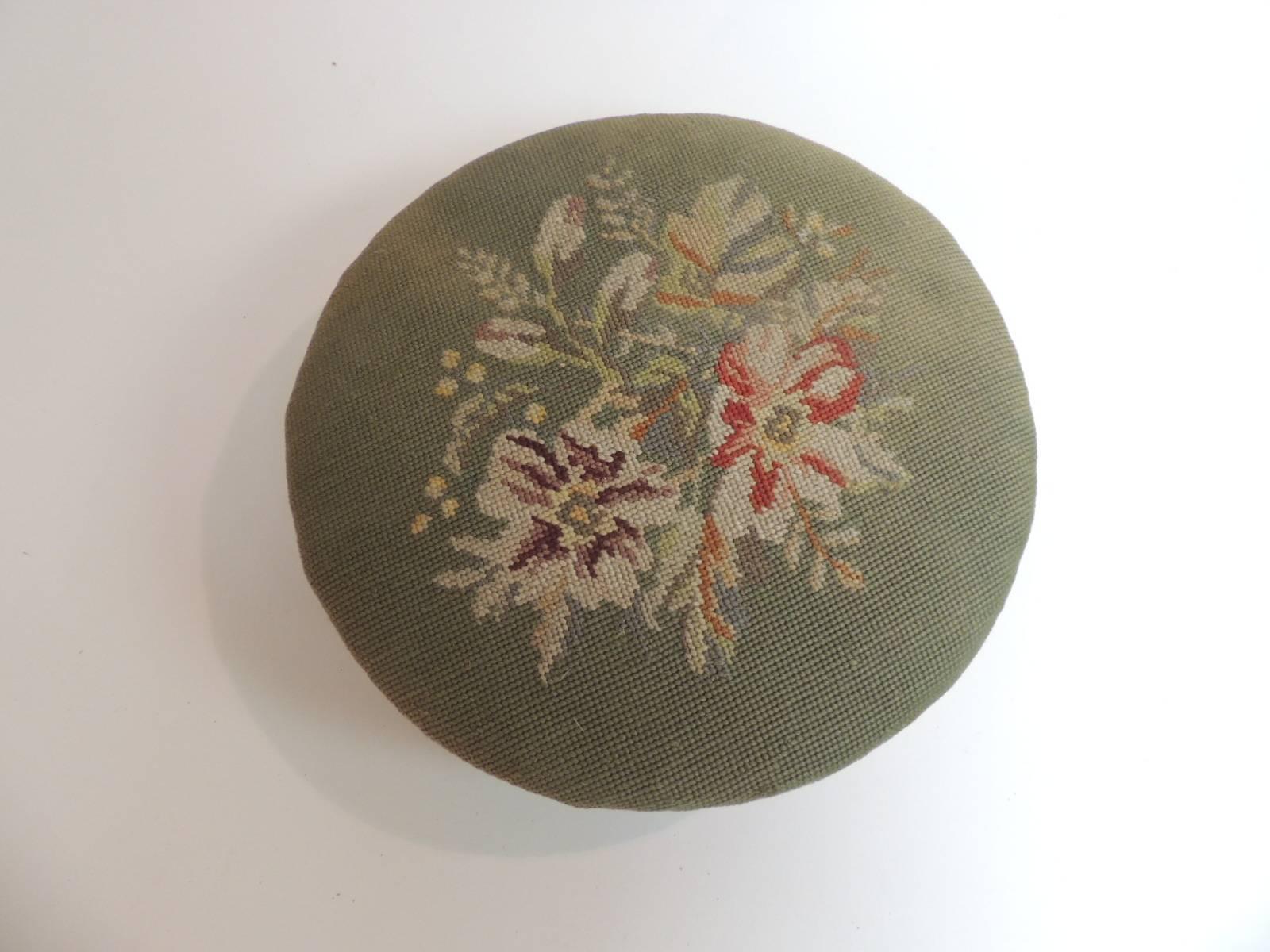 This item is part of our 7Th Anniversary SALE:
Antique Round Tapestry Upholstered Footstool
Antique Round Tapestry Upholstered Footstool. 
Green floral tapestry, wood frame and round feet.
Size: 14 x 14 x 5 H
