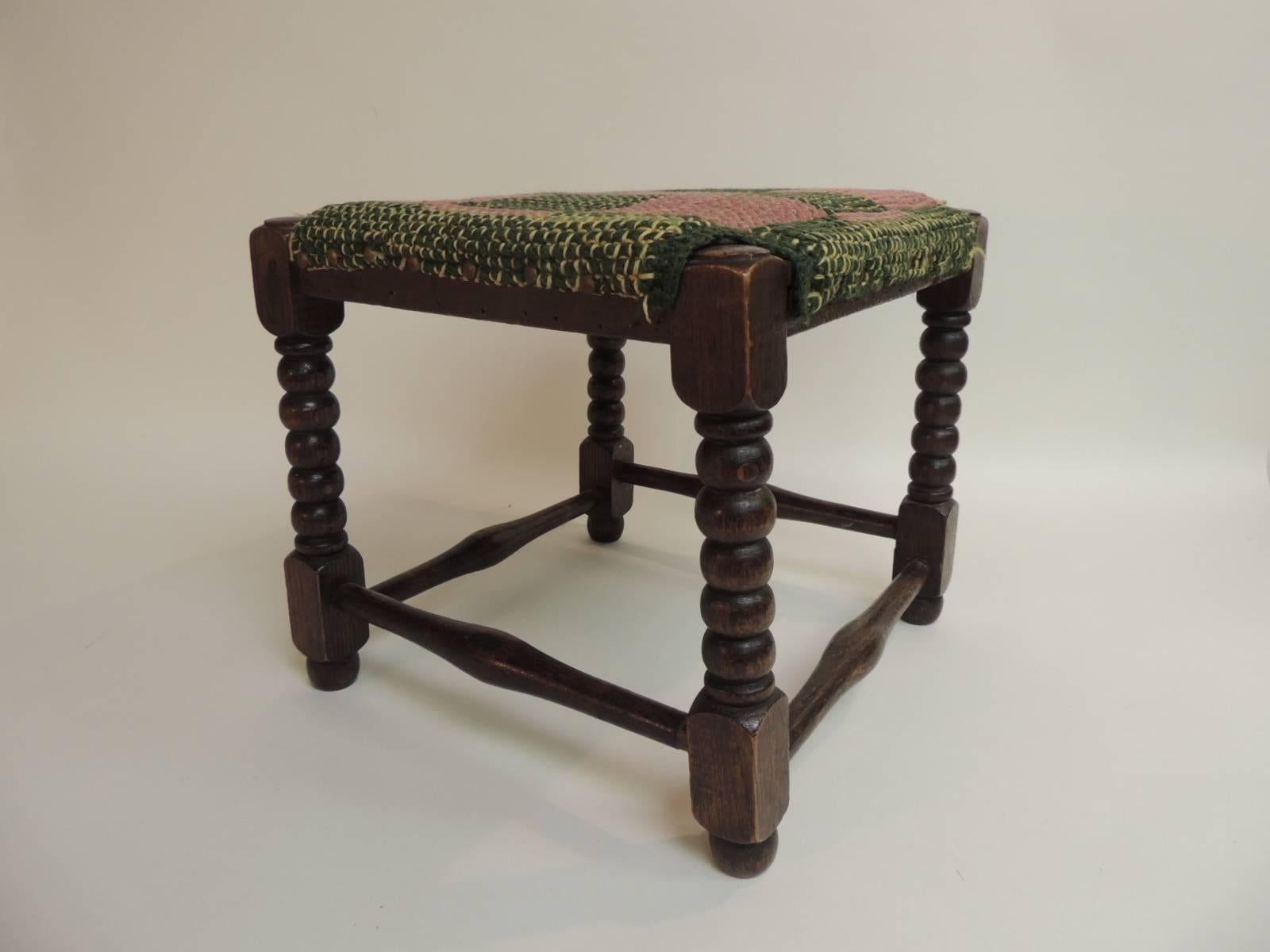 Country Antique Square William and Mary Style Turned Wood Legs Stool