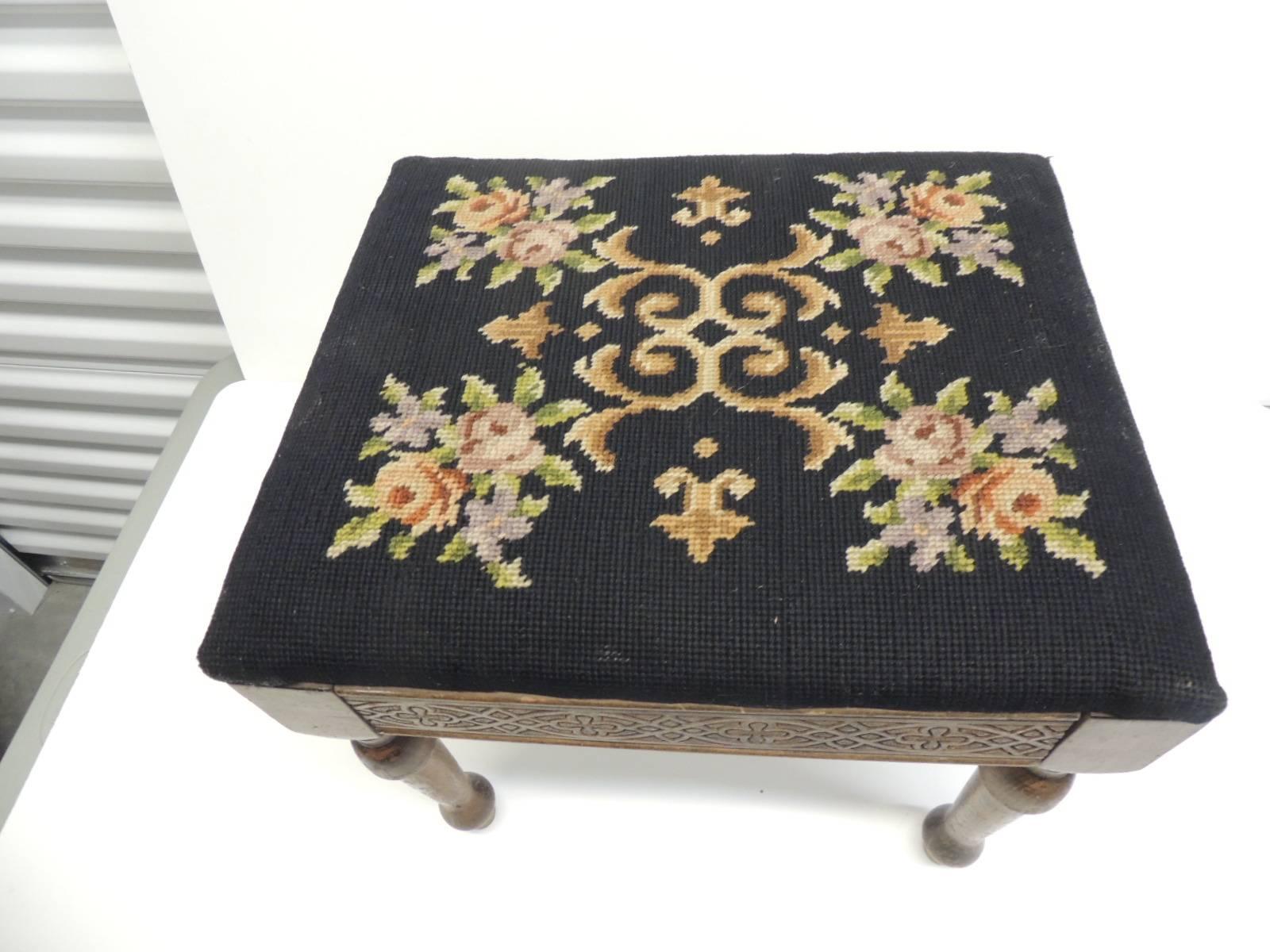 Gothic Revival Vintage Gothic Style Footstool Reupholstered with Floral Tapestry Louis XVI Styl