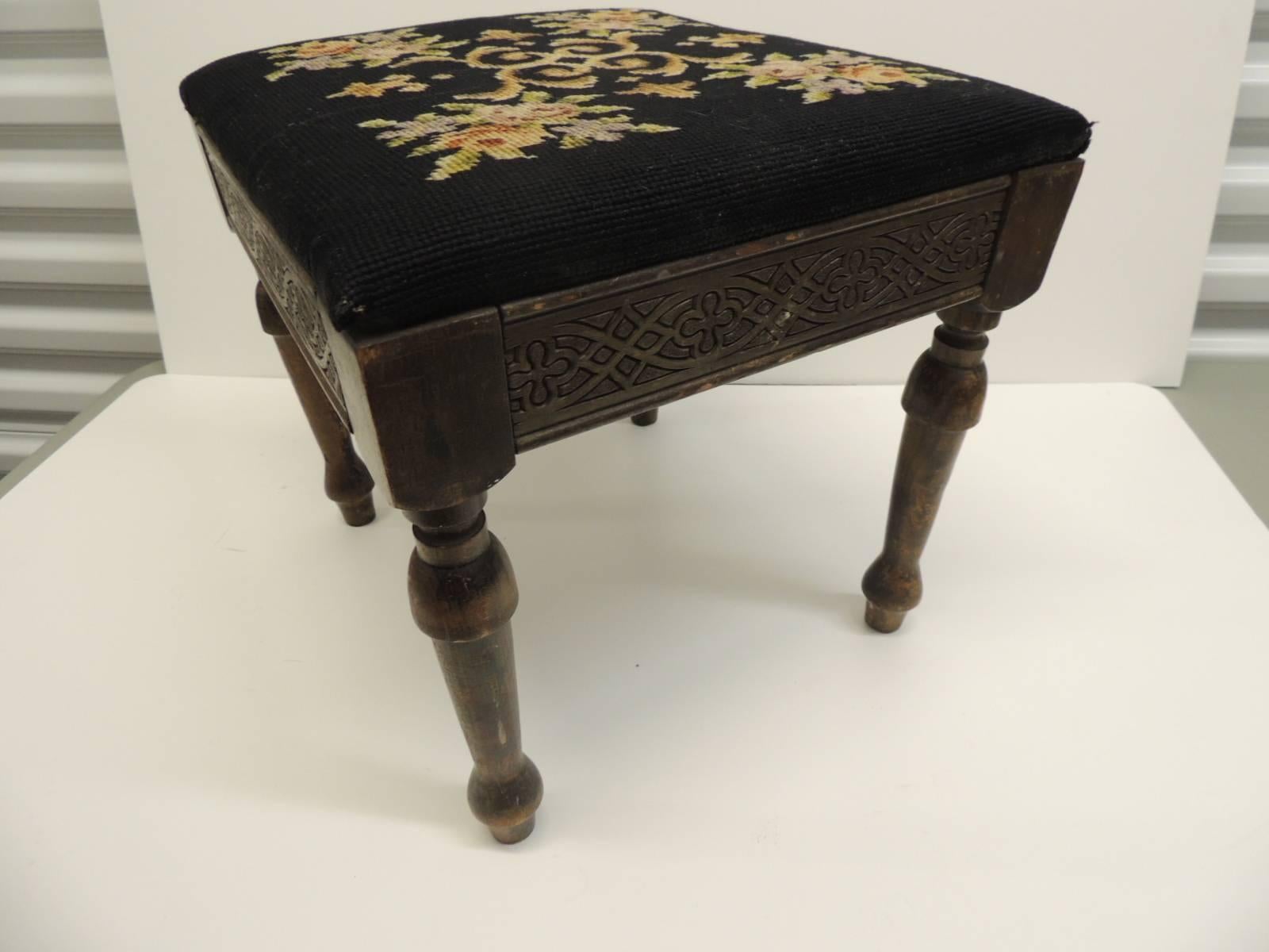 French Vintage Gothic Style Footstool Reupholstered with Floral Tapestry Louis XVI Styl
